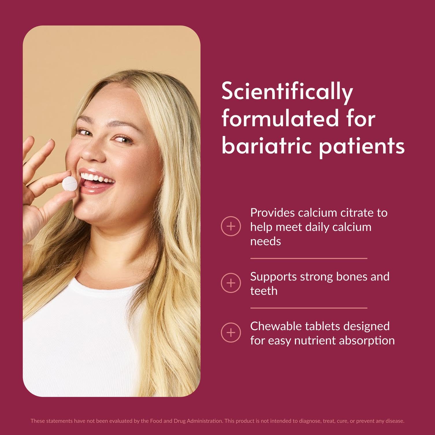 Bariatric Advantage tableta masticable en mano lista para consumir fácilmente