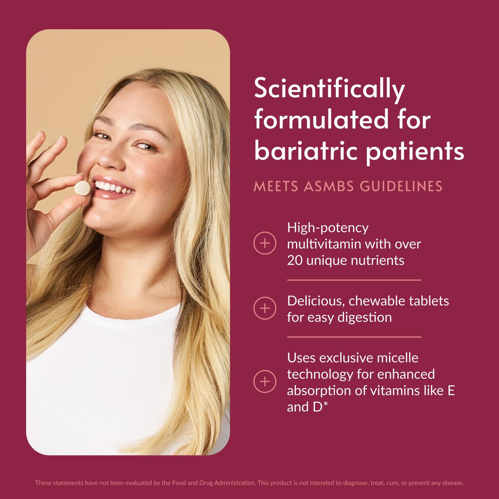 Bariatric Advantage primer plano de tabletas masticables y textura útil
