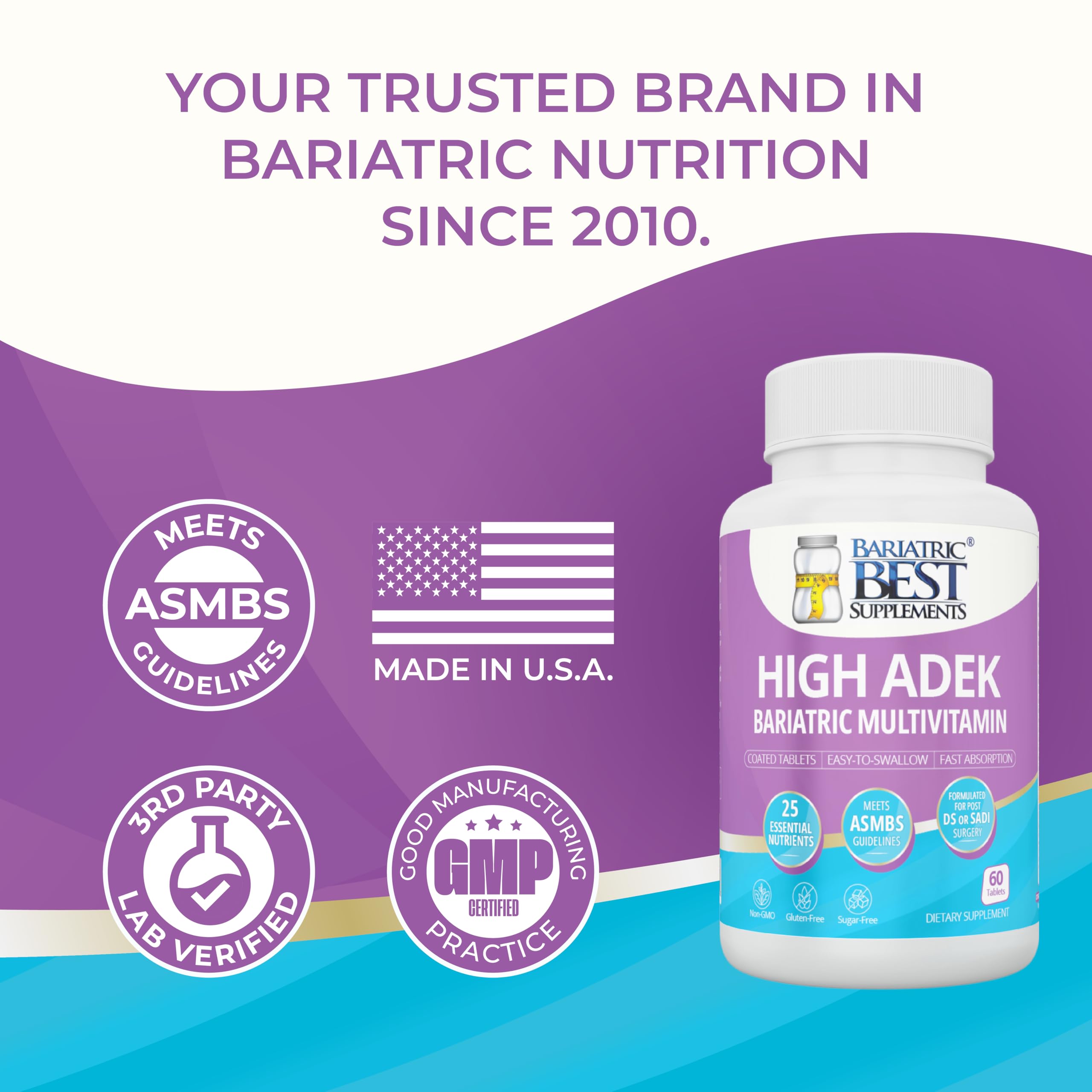 Bariatric Best Supplements sello de fabricación en EE. UU. y cumplimiento de estándares ASMBS