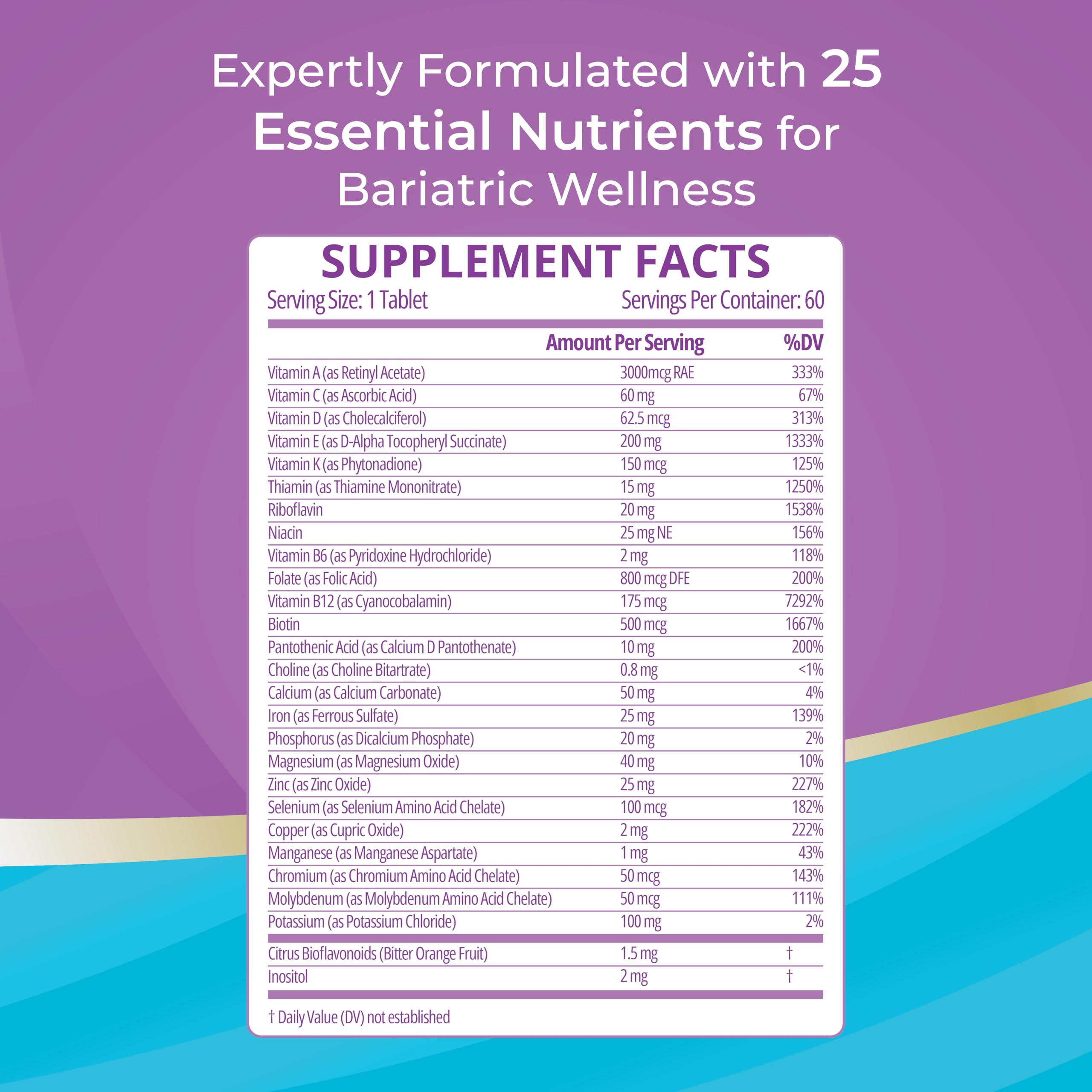 Bariatric Best Supplements etiqueta de ingredientes con enfoque en vitaminas ADEK y minerales