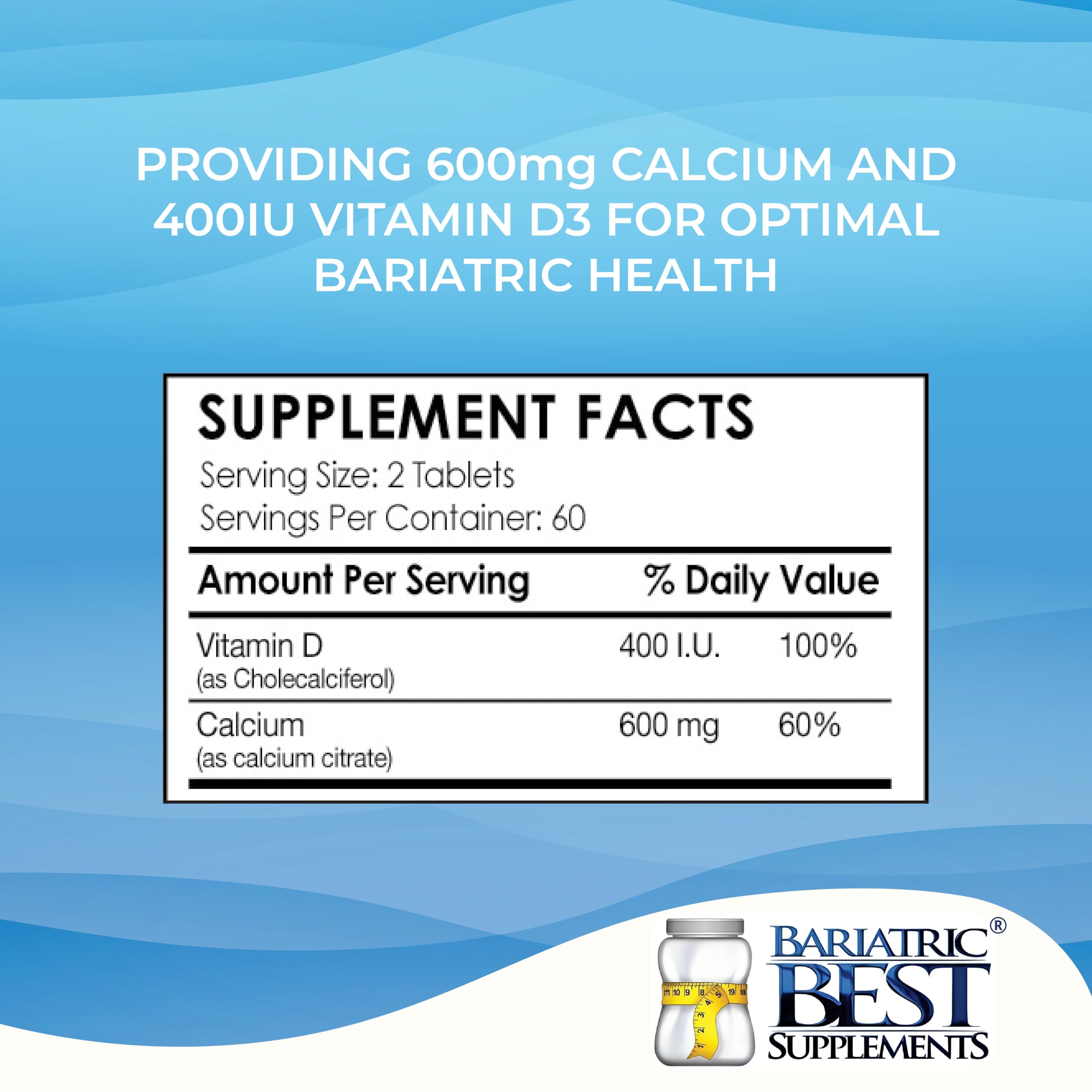 Bariatric Best Supplements etiqueta nutricional legible con calcio y vitamina D3