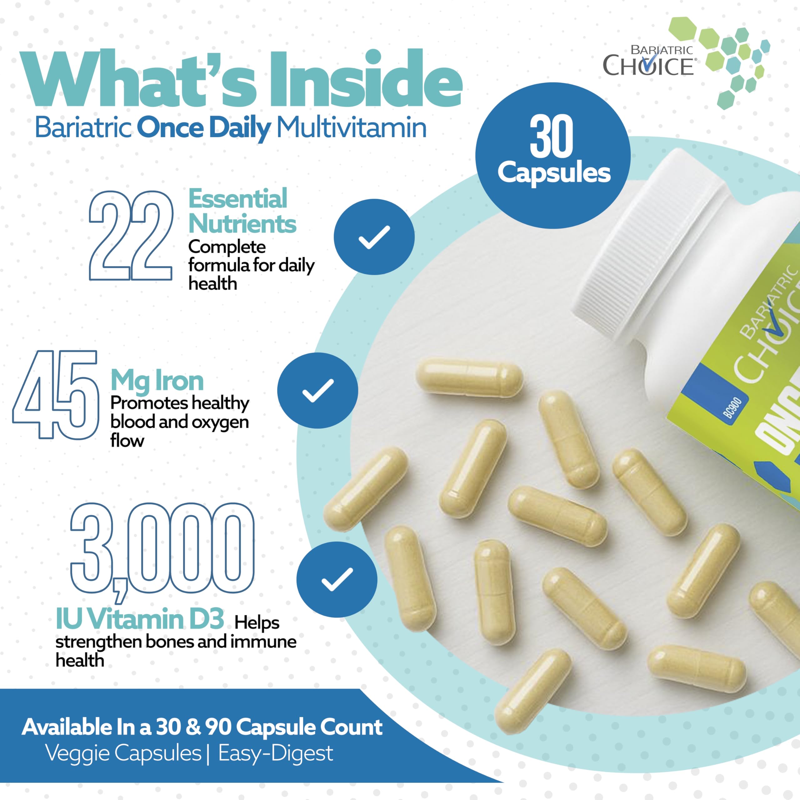 Bariatric Choice cápsula en mano para comparar tamaño y facilidad