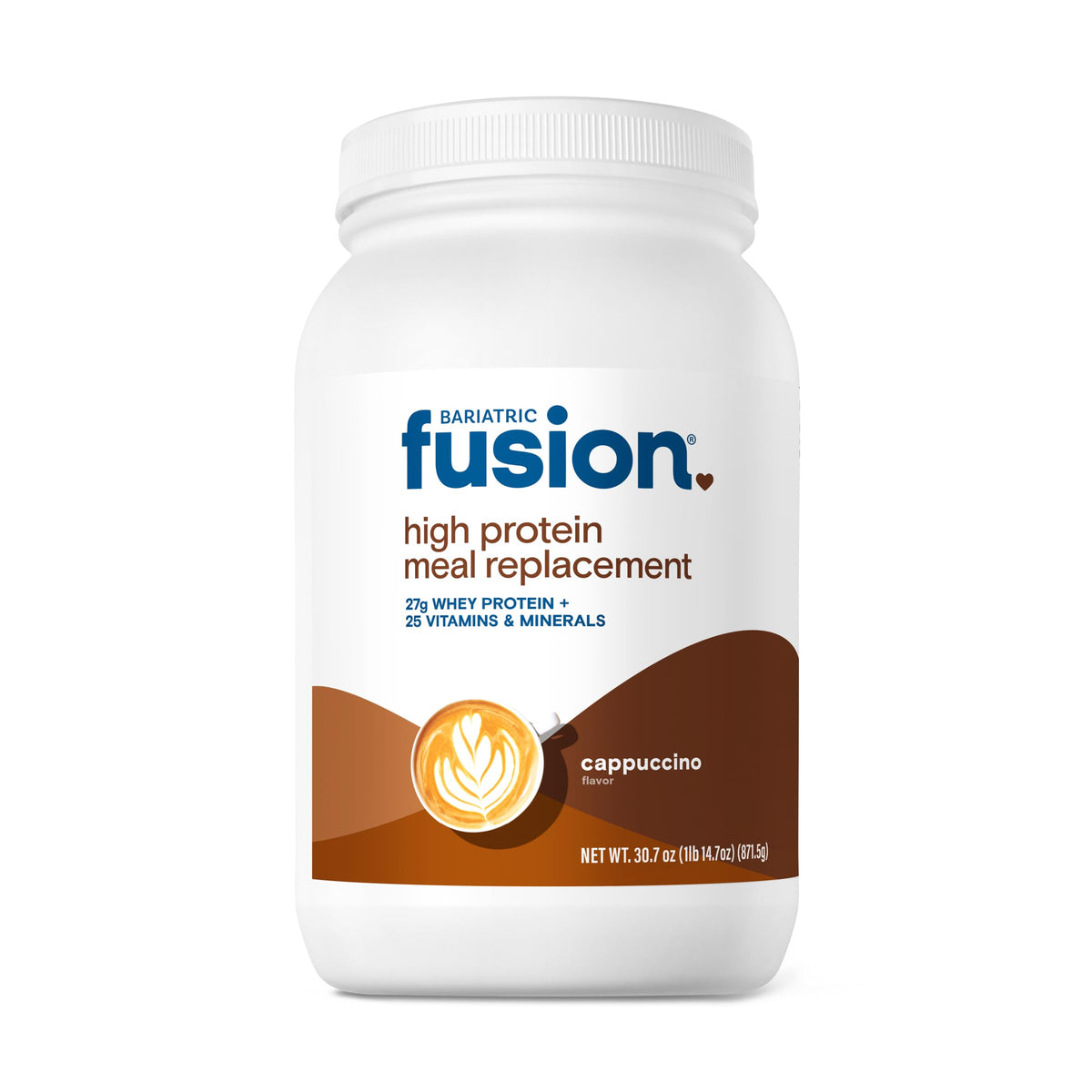 Bariatric Fusion envase frontal cappuccino mostrando raciones y beneficios