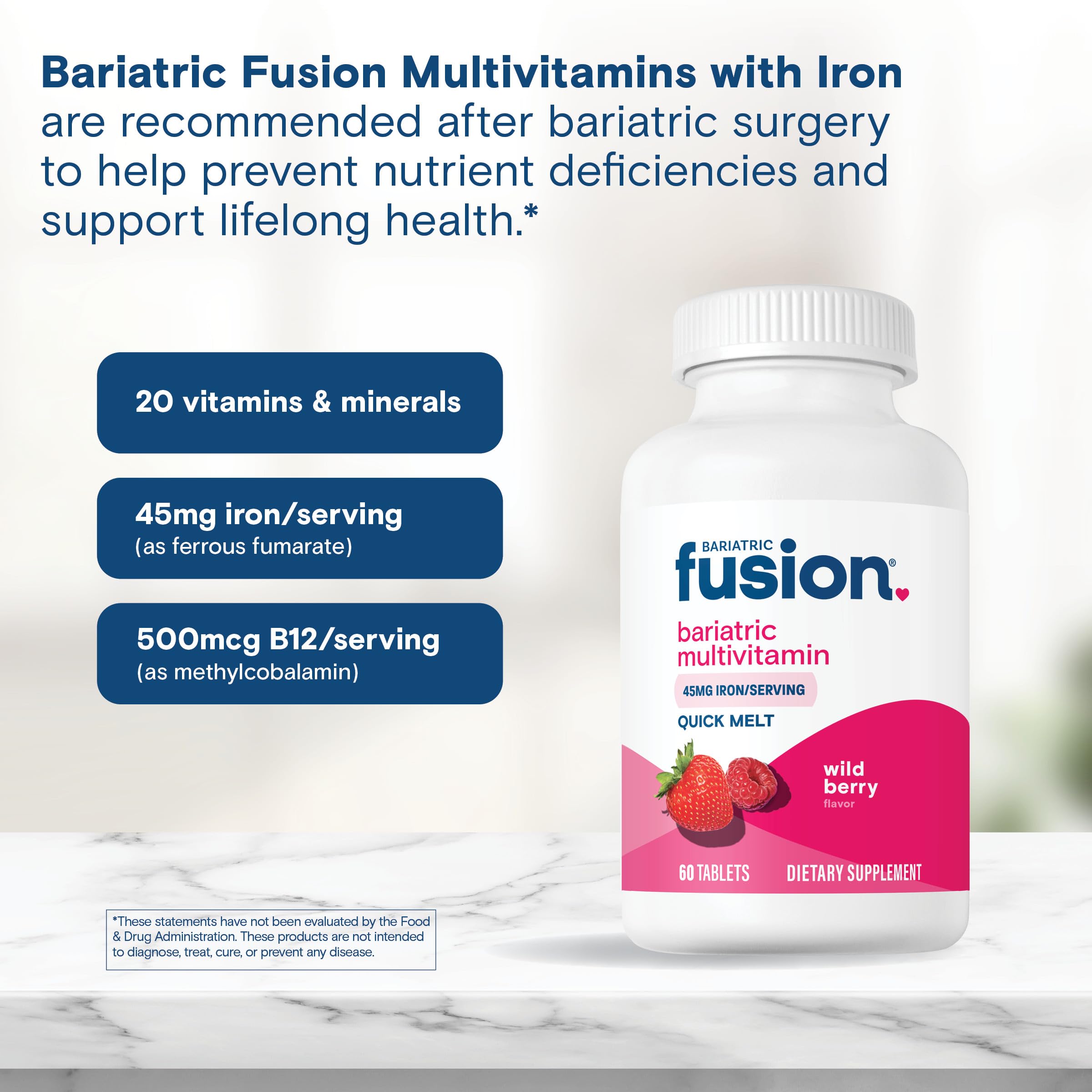 Bariatric Fusion frasco abierto mostrando 60 tabletas listas para uso