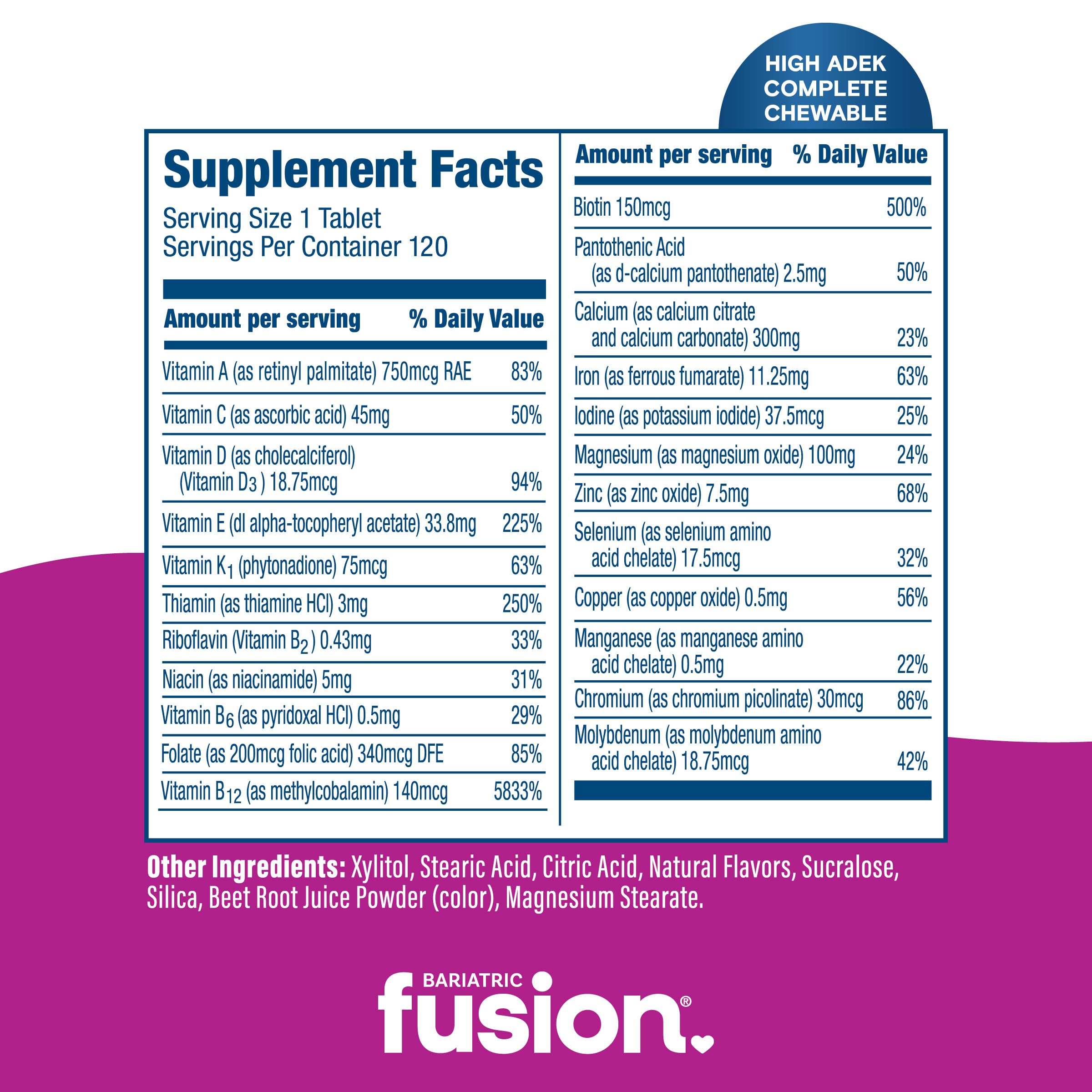 Etiqueta de Bariatric Fusion con lista de vitaminas A D E K y minerales clave