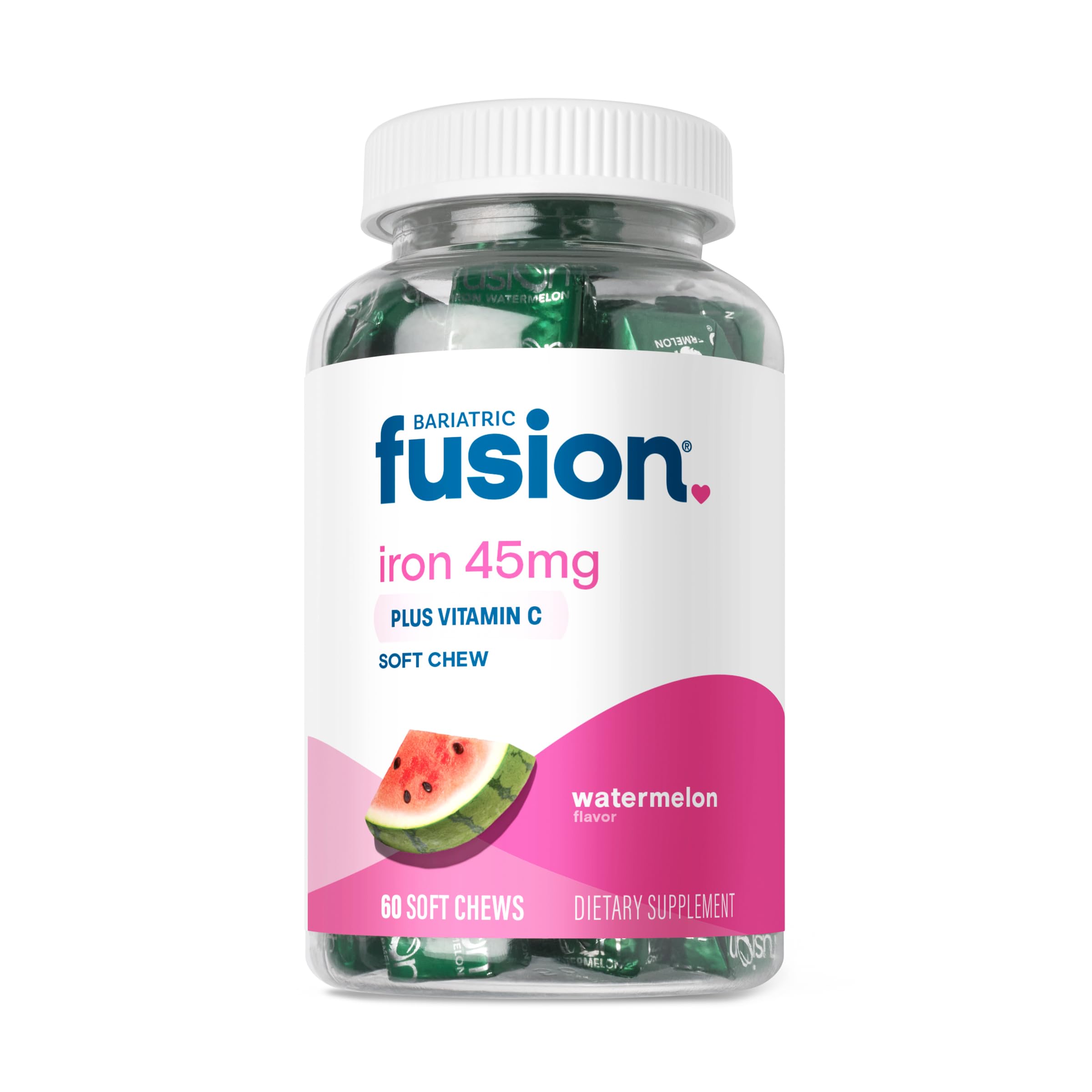 Bariatric Fusion frasco frontal mostrando 60 masticables y sabor sandía
