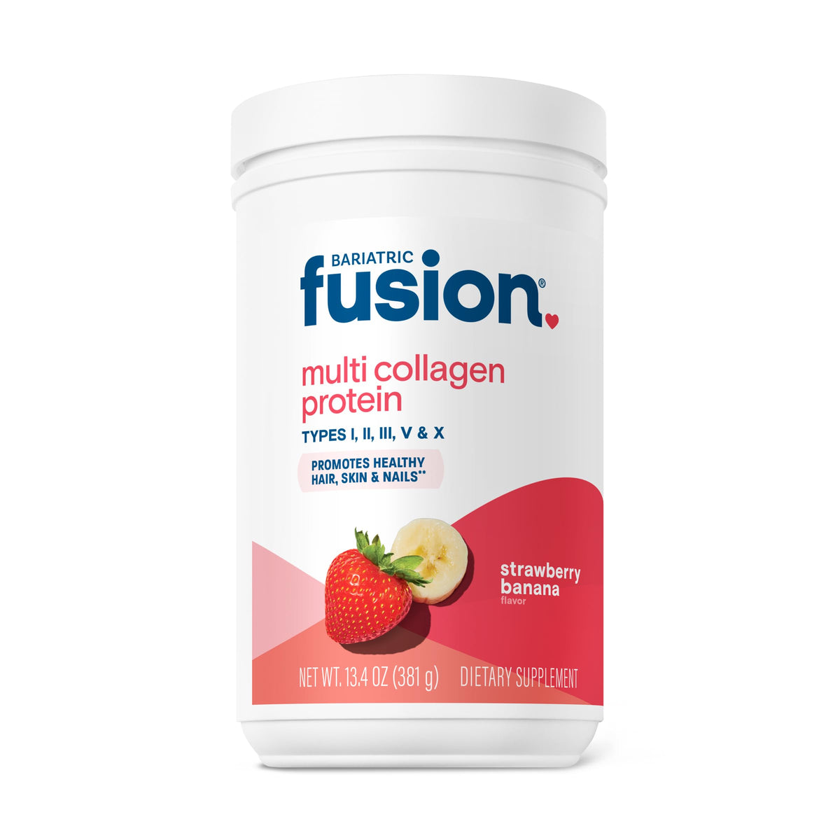 Bariatric Fusion frente del envase mostrando 30 porciones y sabor fresa plátano