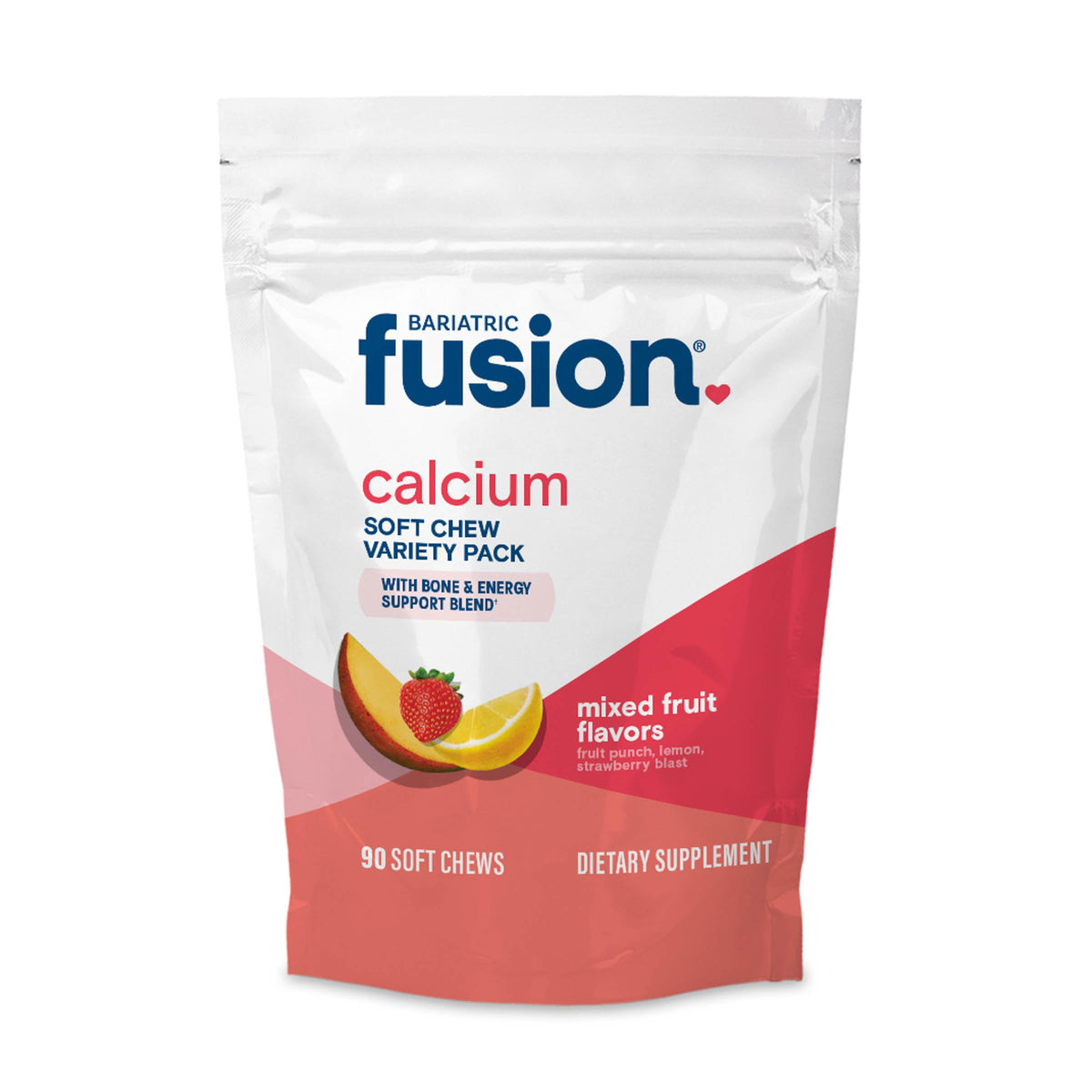 Bariatric Fusion envase frontal mostrando 90 masticables y beneficio de fácil toma