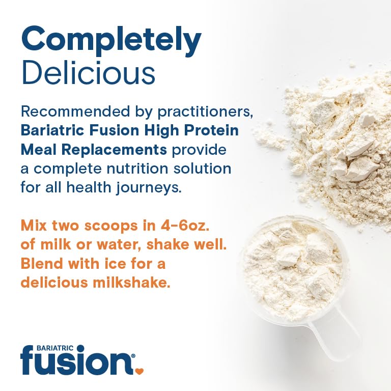 Bariatric Fusion tubo abierto con cucharadas medidoras y 21 porciones visibles