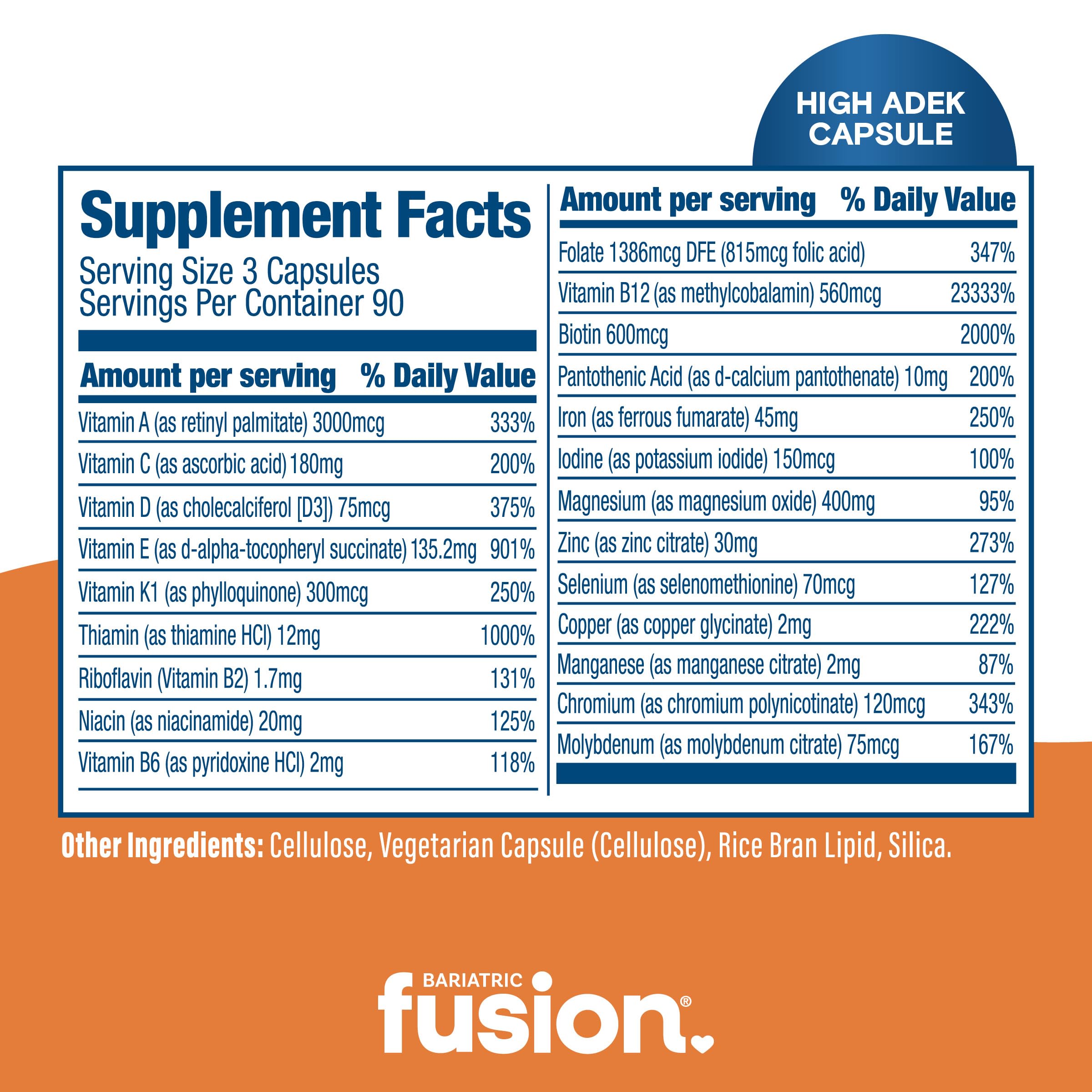 Bariatric Fusion rótulo con lista de ingredientes clave y enfoque en vitaminas ADEK