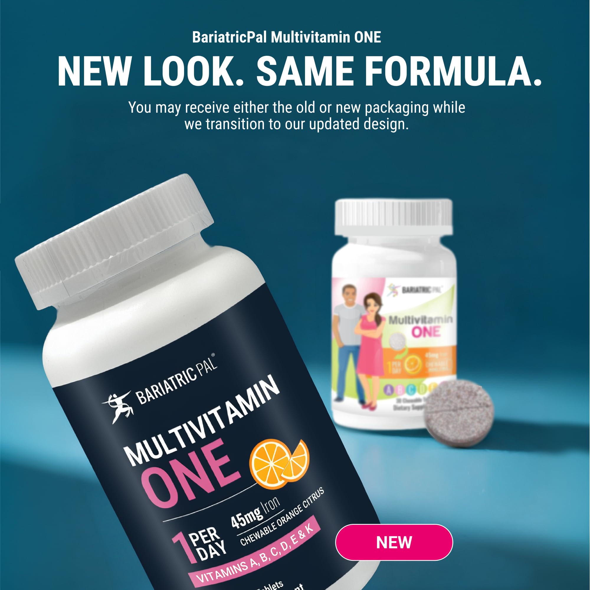 BariatricPal tableta masticable naranja ilustrando sabor cítrico y facilidad para tragar