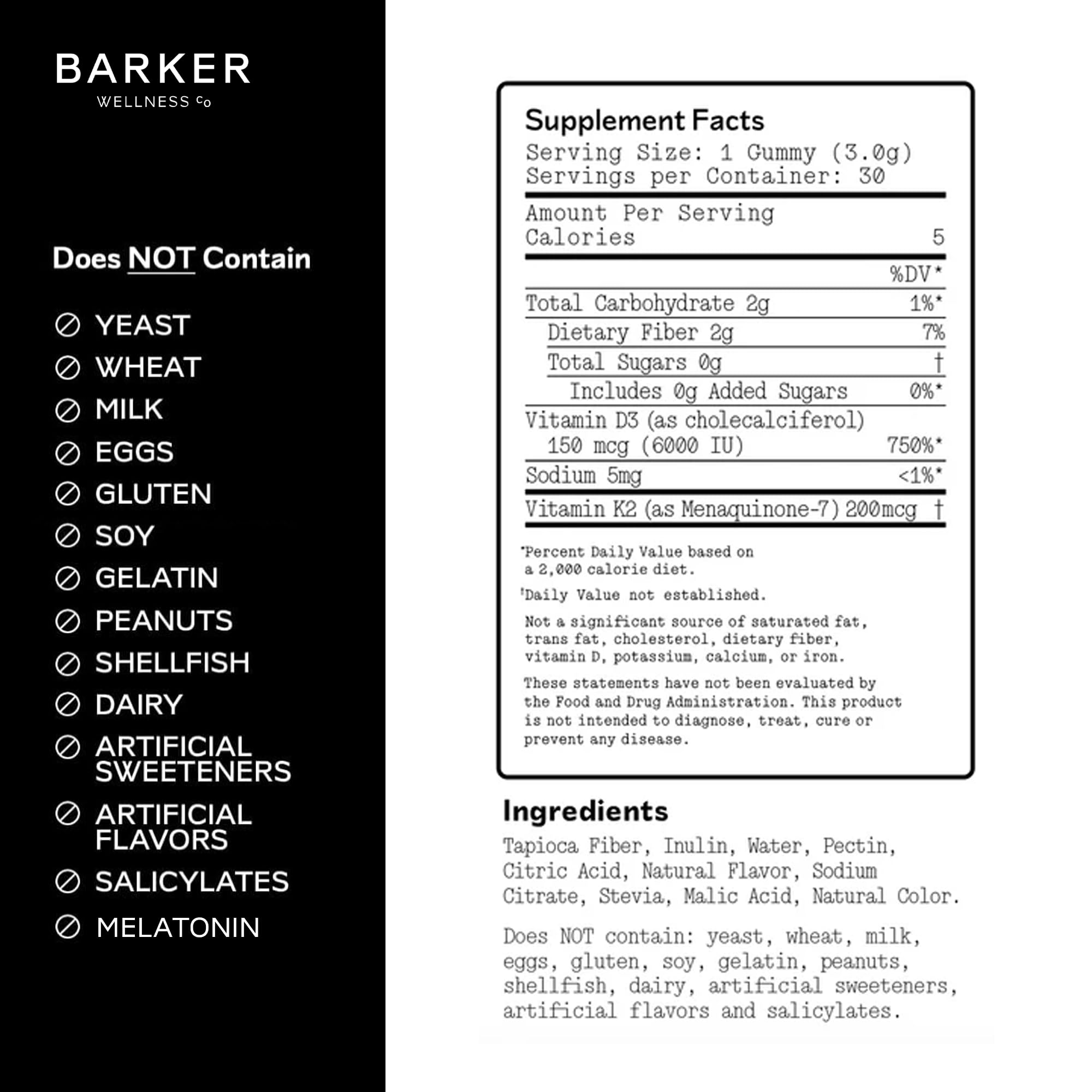 Etiqueta Barker Wellness D3 K2 con información nutricional clara