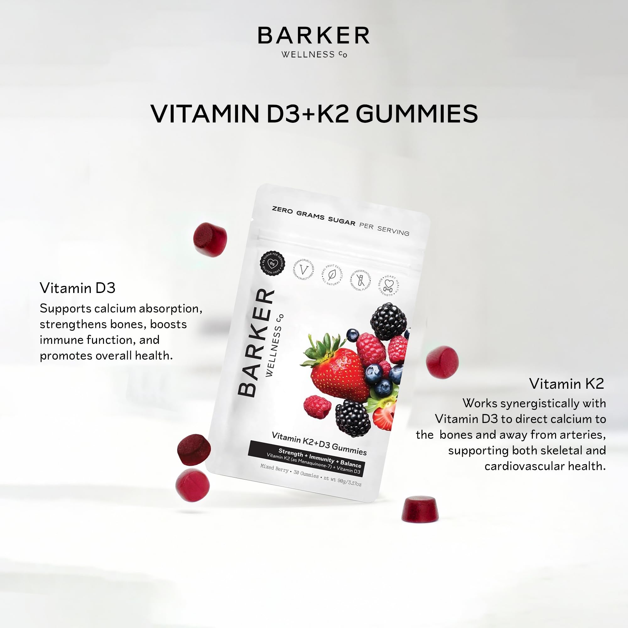 Berries naturales junto a gominolas Barker Wellness sugieren sabor real