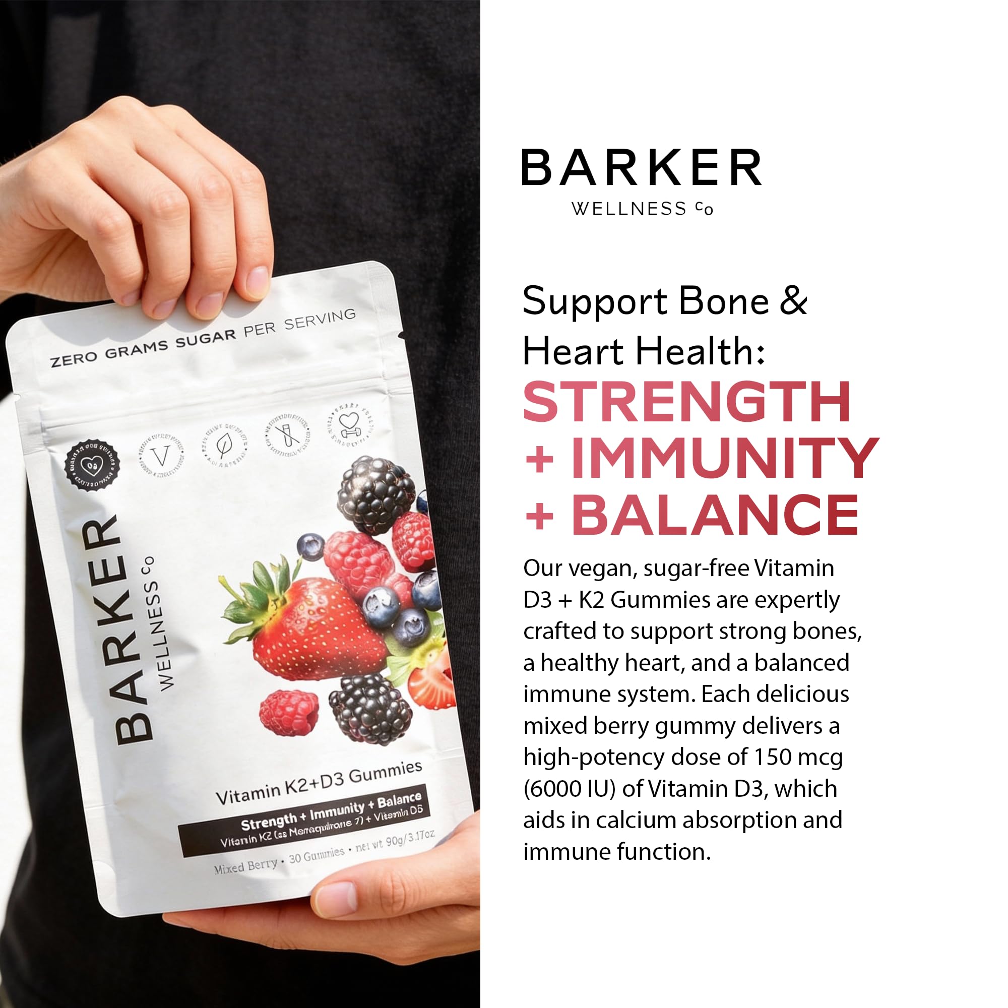 Comparación de tamaño Barker Wellness D3 K2 con mano para escala real