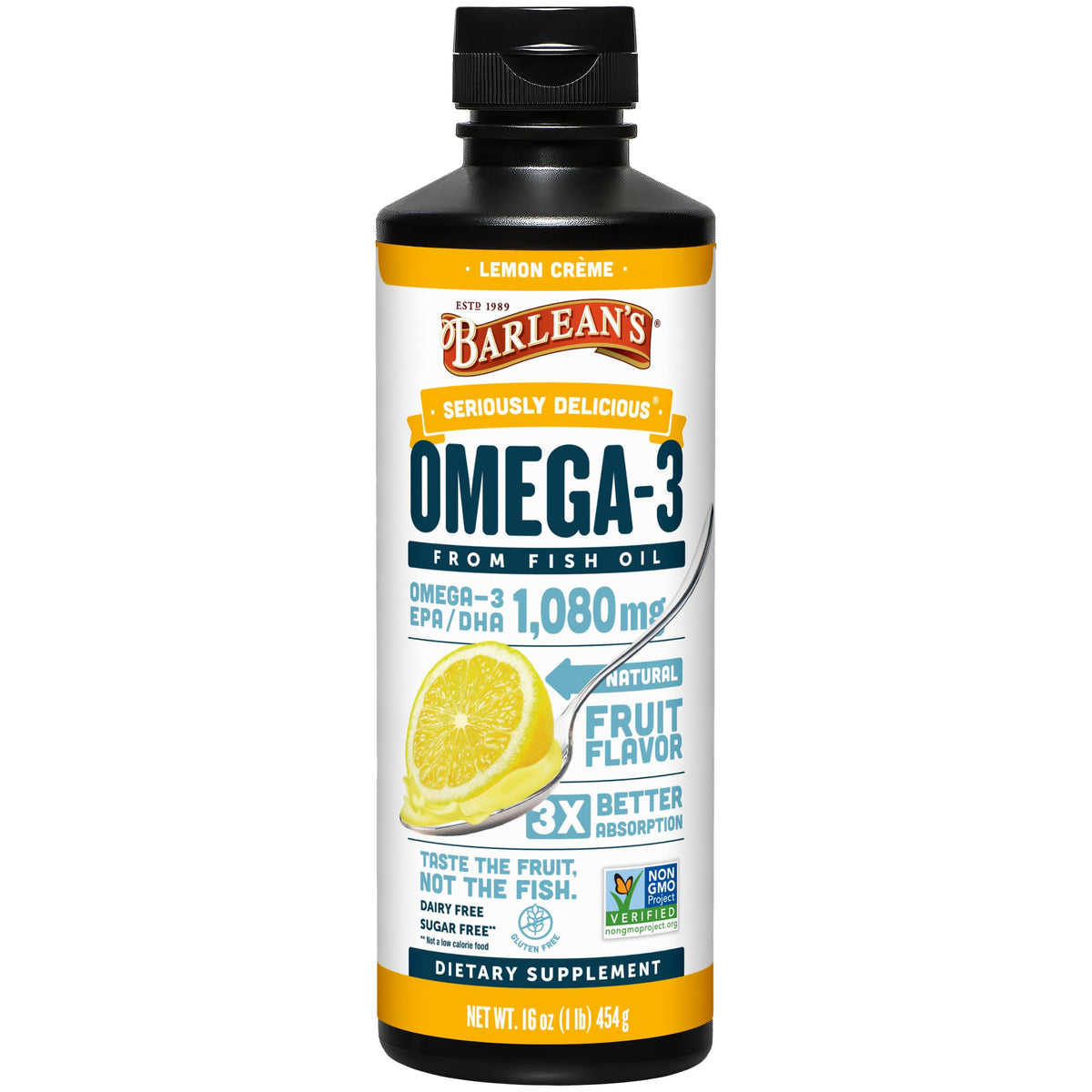 Barlean's botella frontal Lemon Crème mostrando la etiqueta y tamaño en 16 oz, fácil dosificación