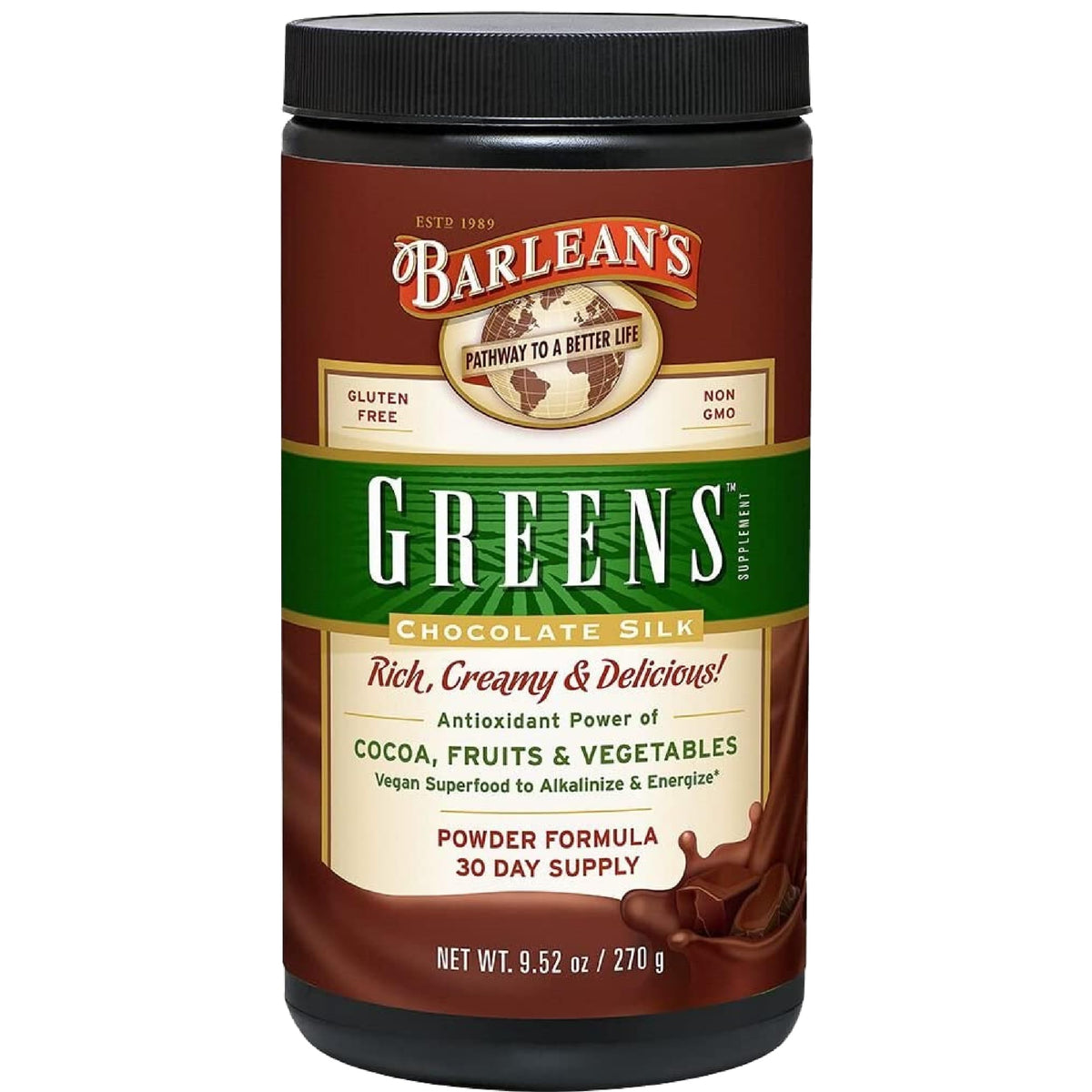 Barlean's envase frontal Chocolate Greens mostrando tamaño y diseño, identifica el producto fácilmente