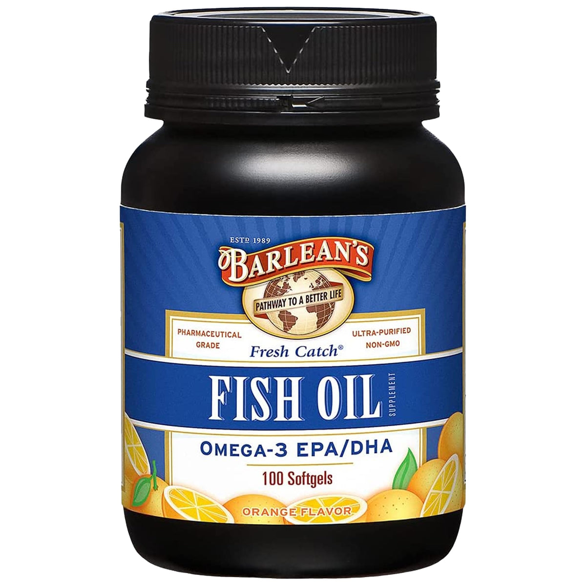 Barlean's envase frontal Fresh Catch mostrando 100 cápsulas y beneficios claros