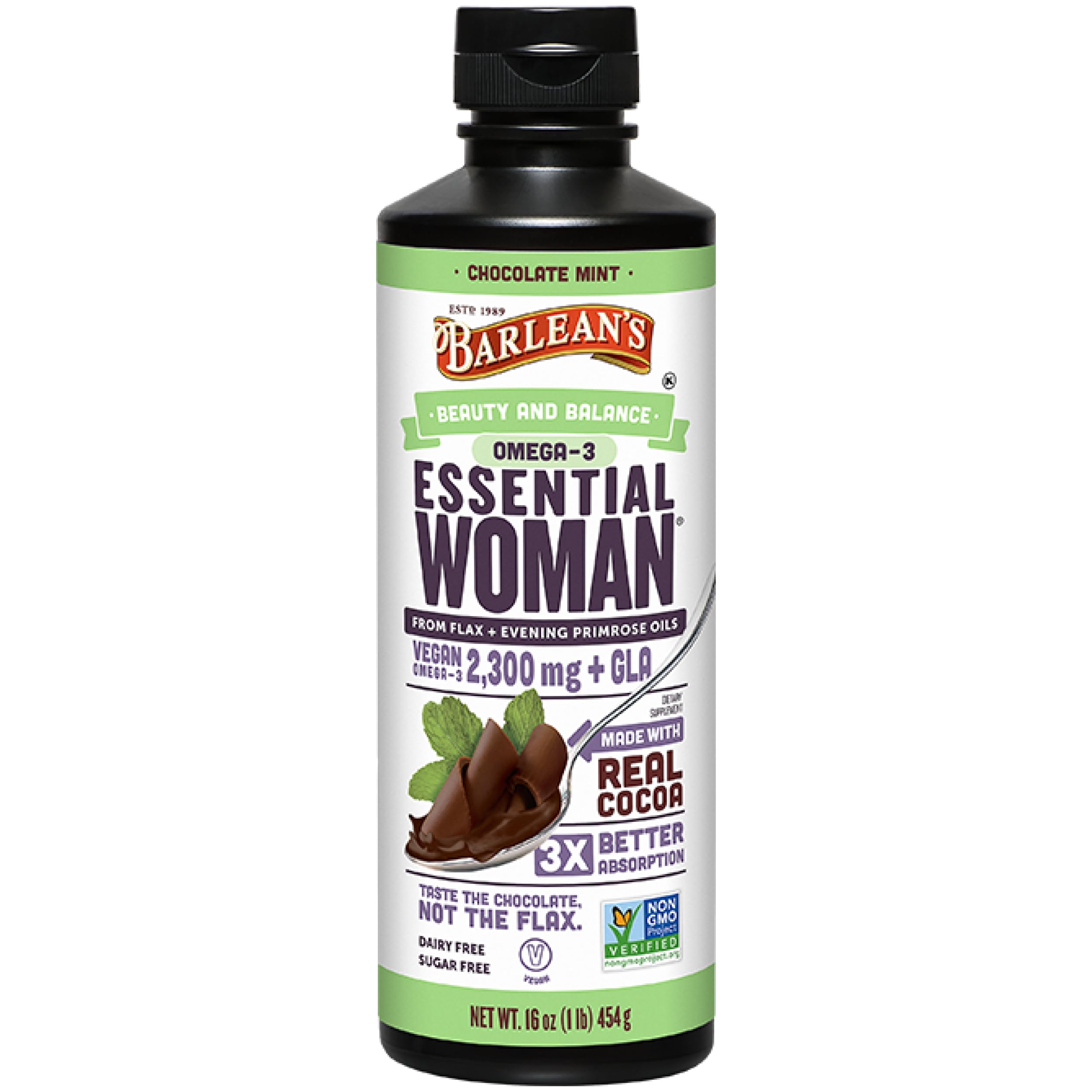 Barlean's botella frontal mostrando etiqueta y sabor chocolate menta, complemento práctico