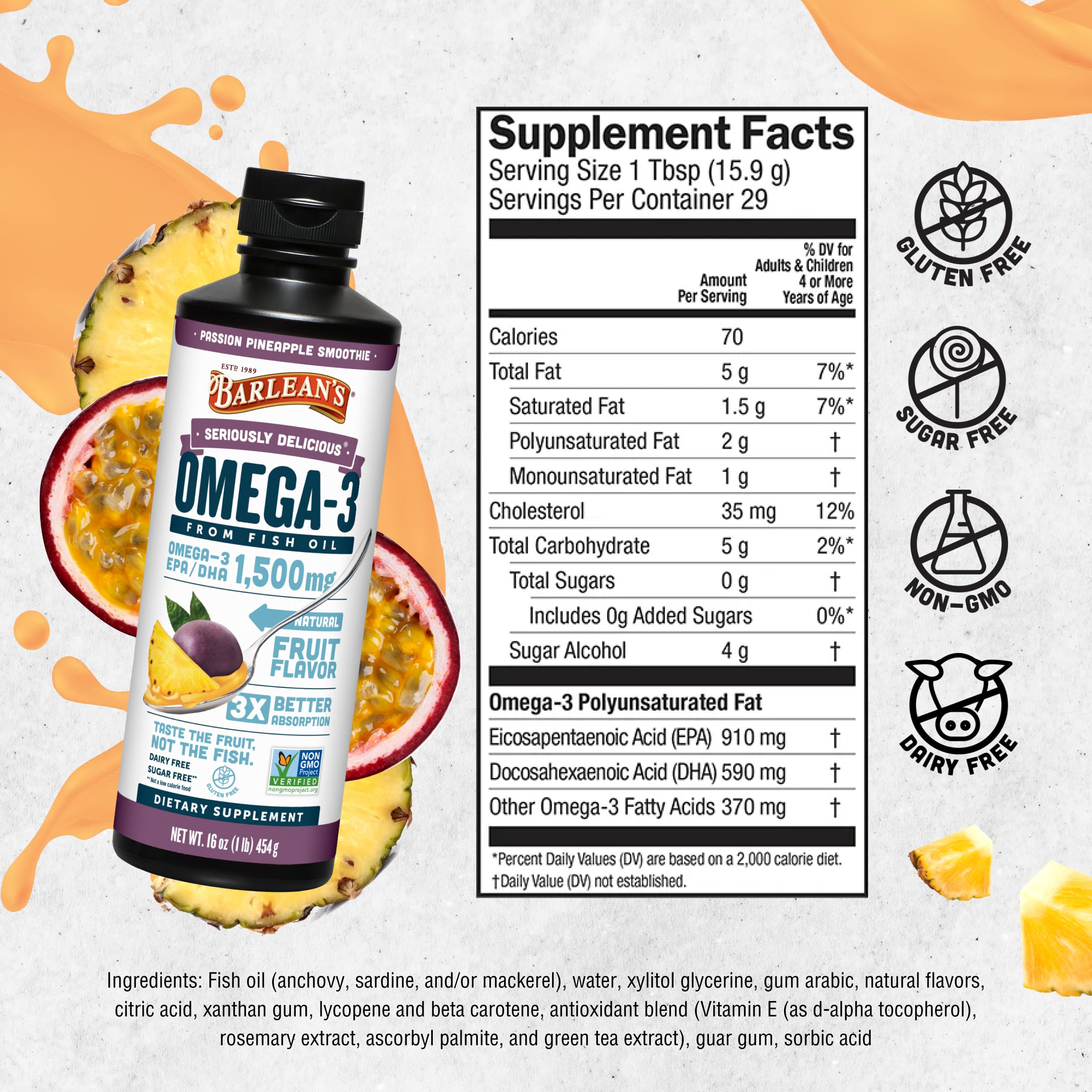 Barlean's etiqueta con información nutricional y dosis clara