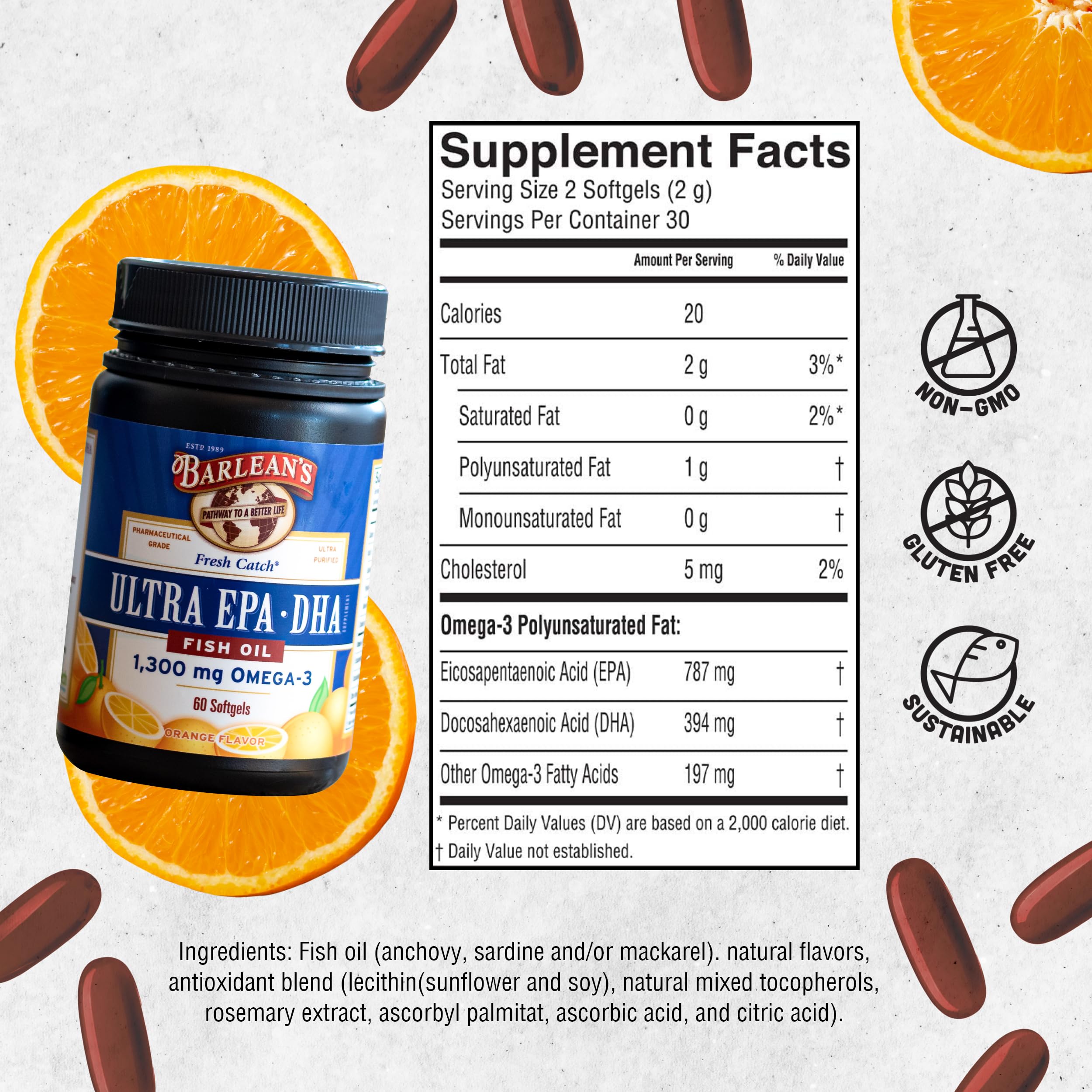 Barlean's etiqueta con ingredientes y certificados, transparencia y pruebas de terceros