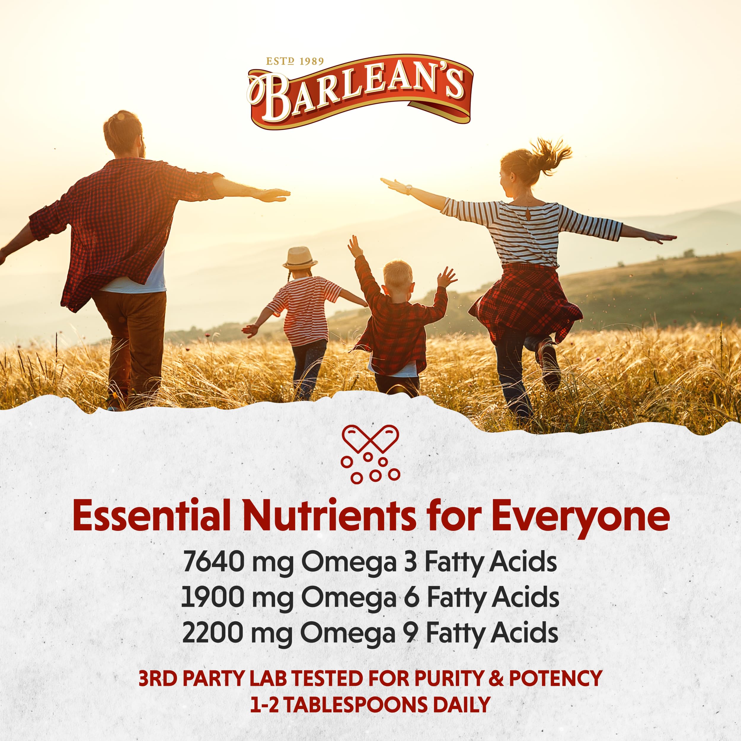 Barlean's etiqueta nutricional clara, información de ALA y uso sugerido