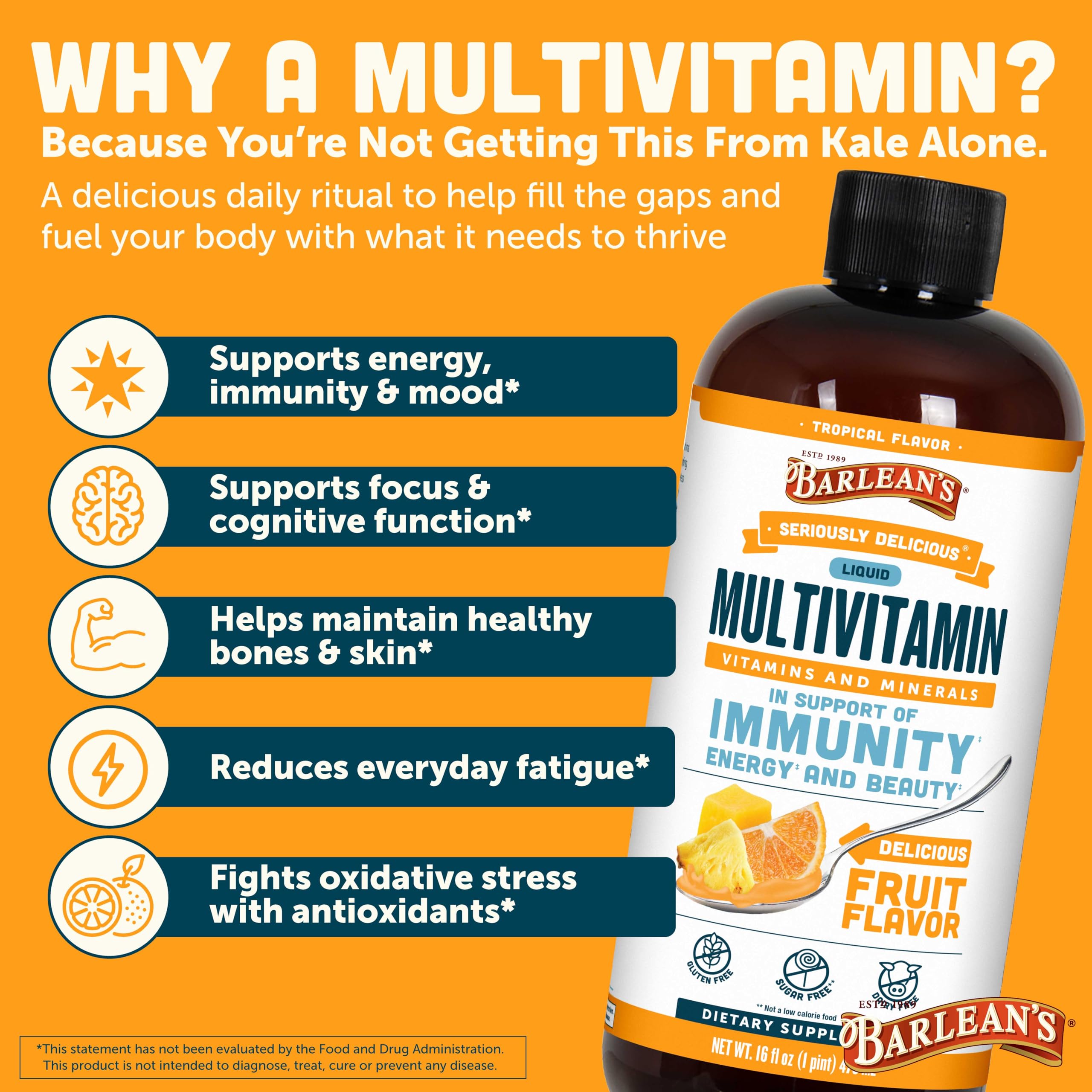 Barlean's etiqueta nutricional mostrando las 21 vitaminas y minerales