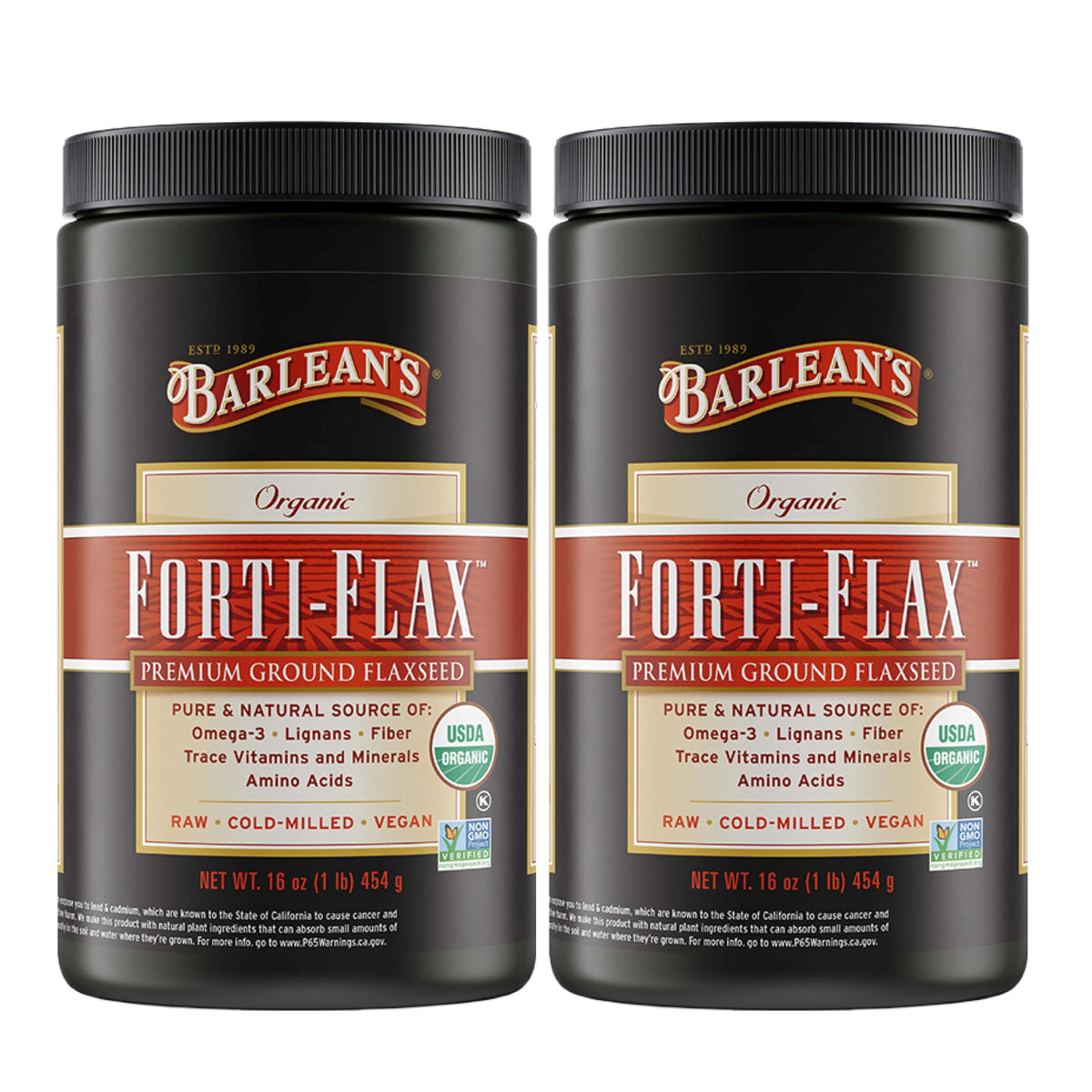Barlean's pack frontal mostrando dos envases, presenta conveniencia y calidad