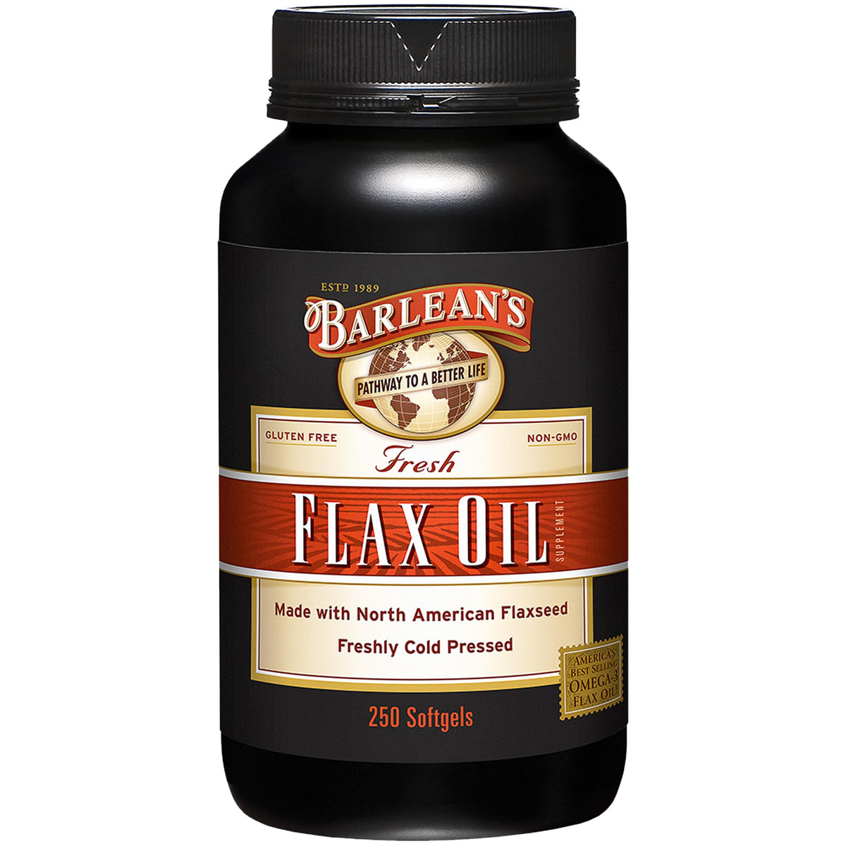 Barlean's frasco delante mostrando 250 softgels y conveniencia