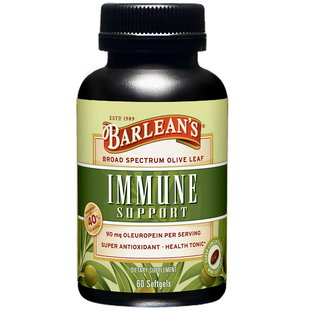 Barlean's frasco frontal de Olive Leaf para apoyo inmune y antioxidantes