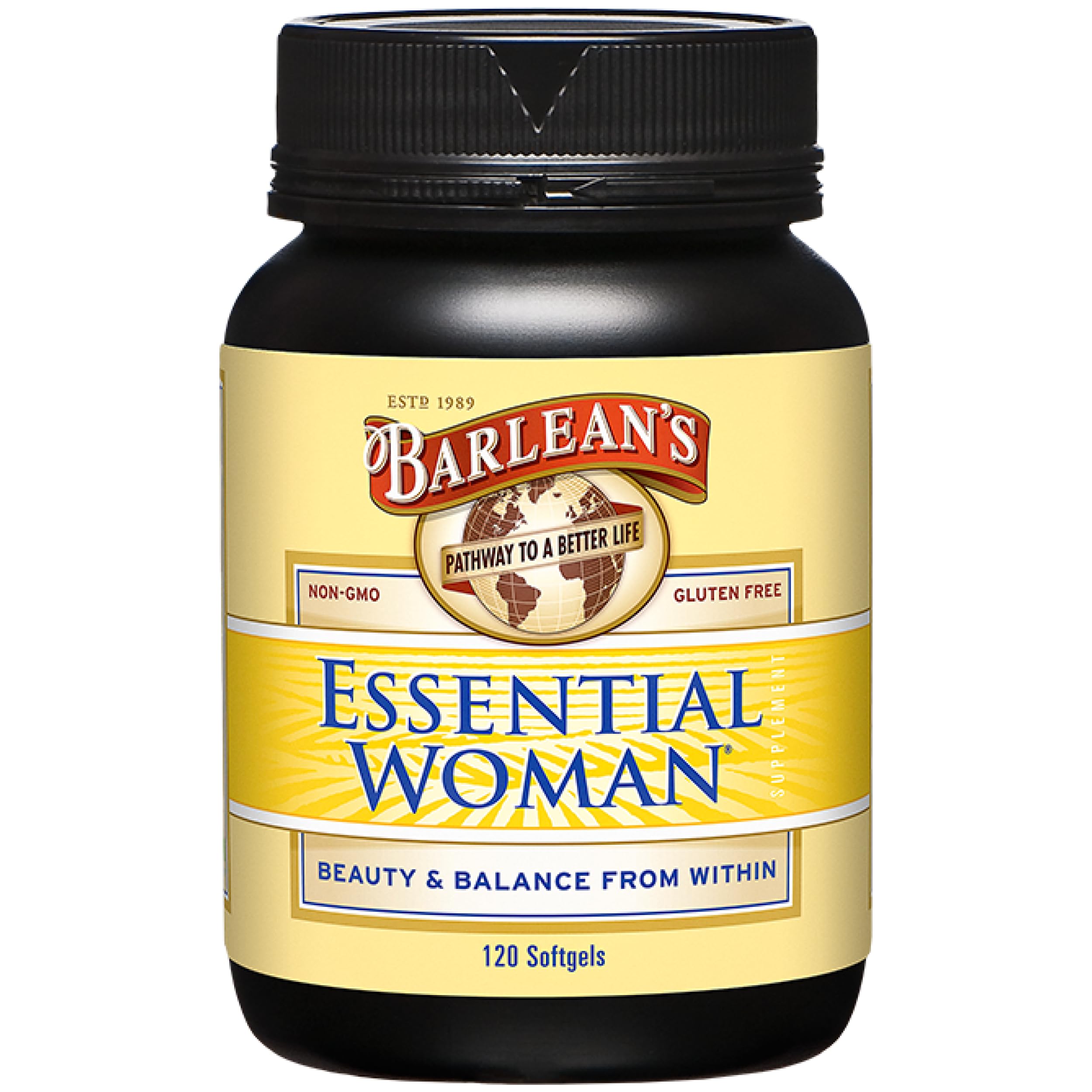 Barlean's frasco frontal Essential Woman mostrando diseño y tamaño