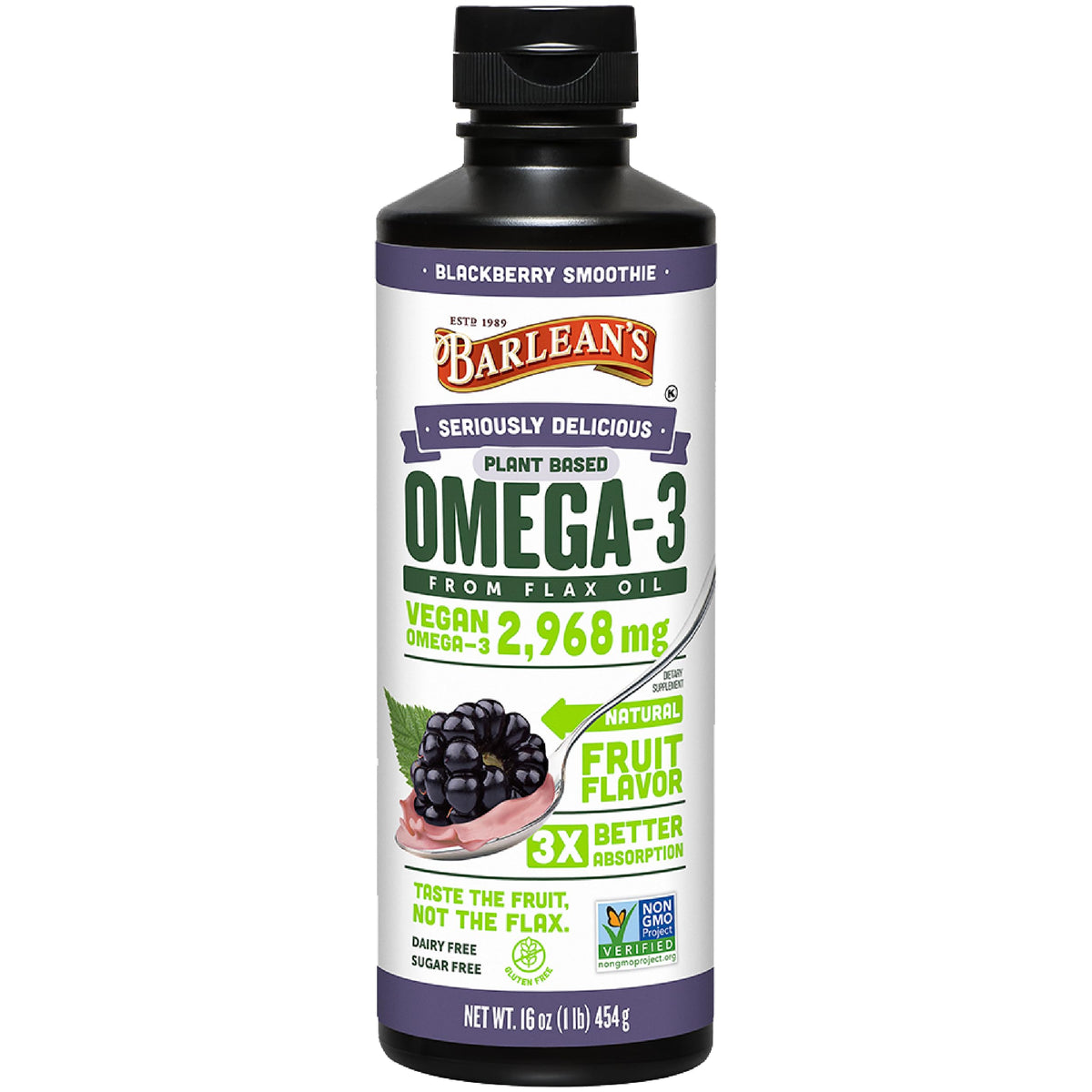 Barlean's botella frontal blackberry muestra el envase y sabor atractivo