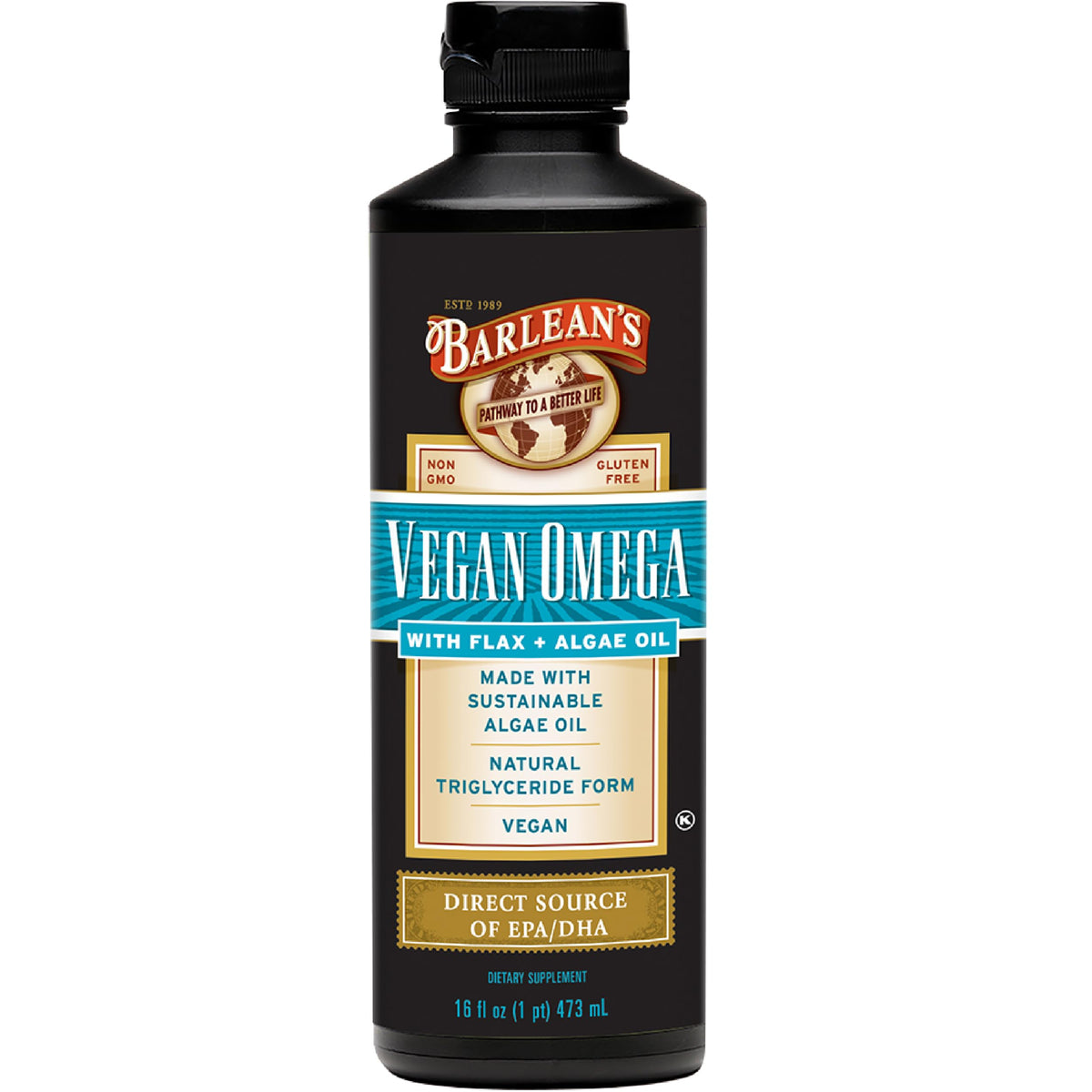 Barlean's botella frontal mostrando etiqueta y beneficios nutricionales