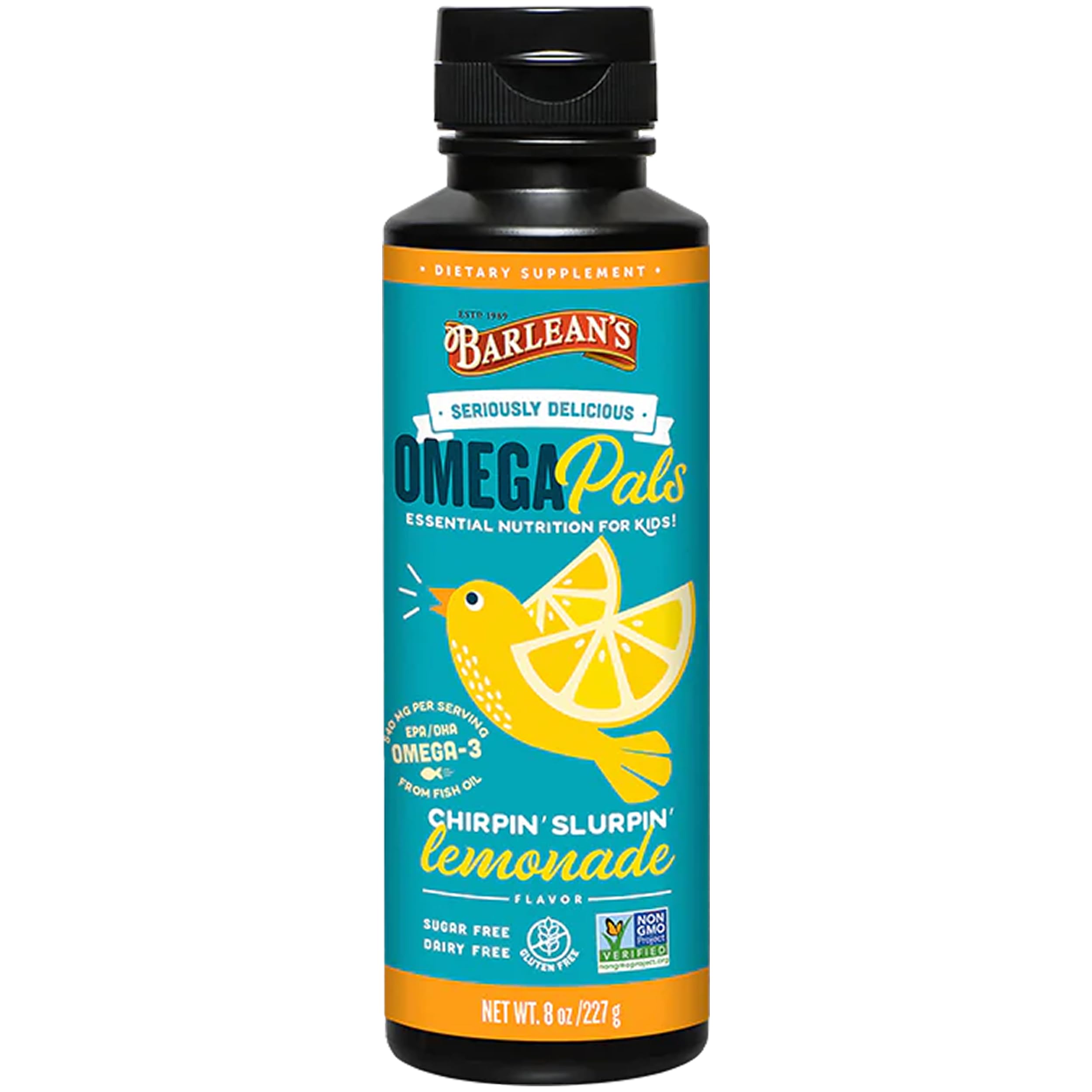 Barlean's envase frontal Omega Pals limonada mostrando etiqueta y beneficios