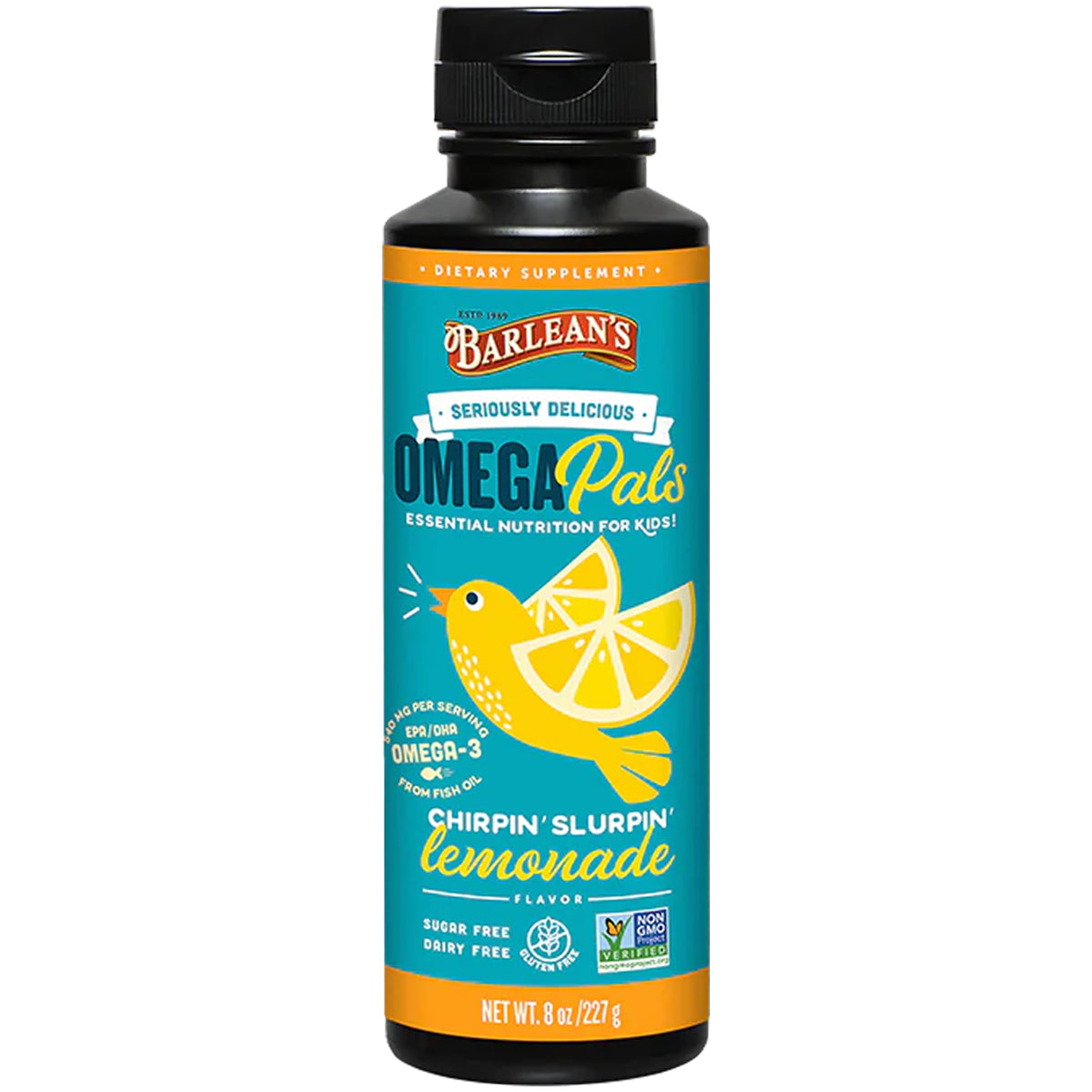 Barlean's envase frontal Omega Pals limonada mostrando etiqueta y beneficios