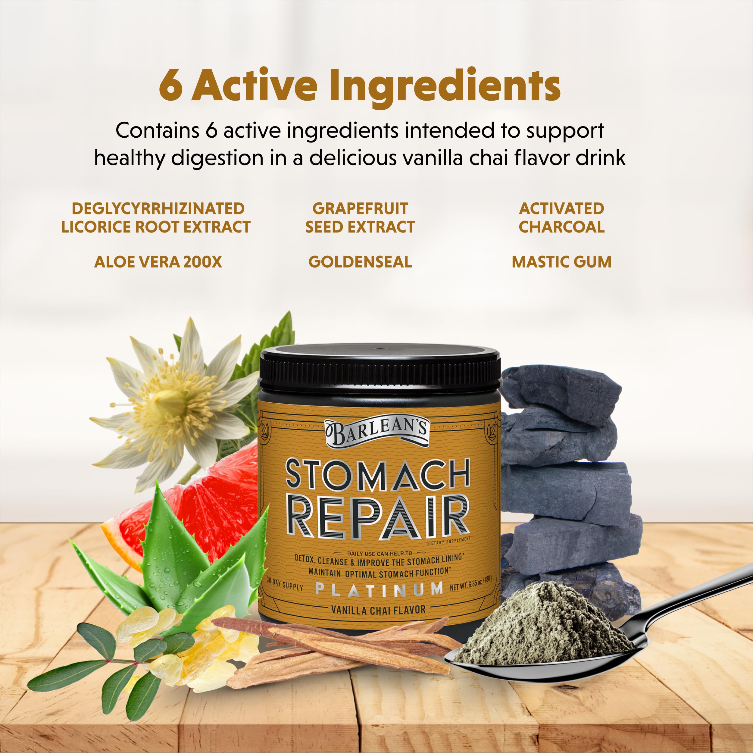 Barlean's etiqueta con lista de ingredientes clave y beneficios digestivos visibles