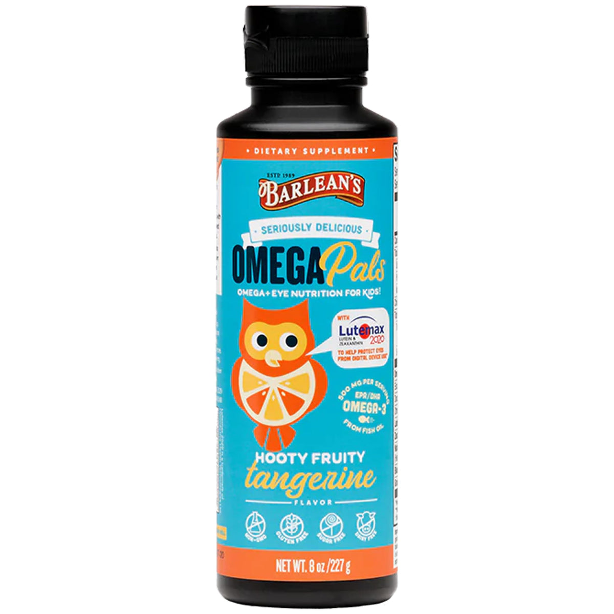 Barlean's botella frontal de Omega Pals con sabor mandarina, presentación clara y atractiva
