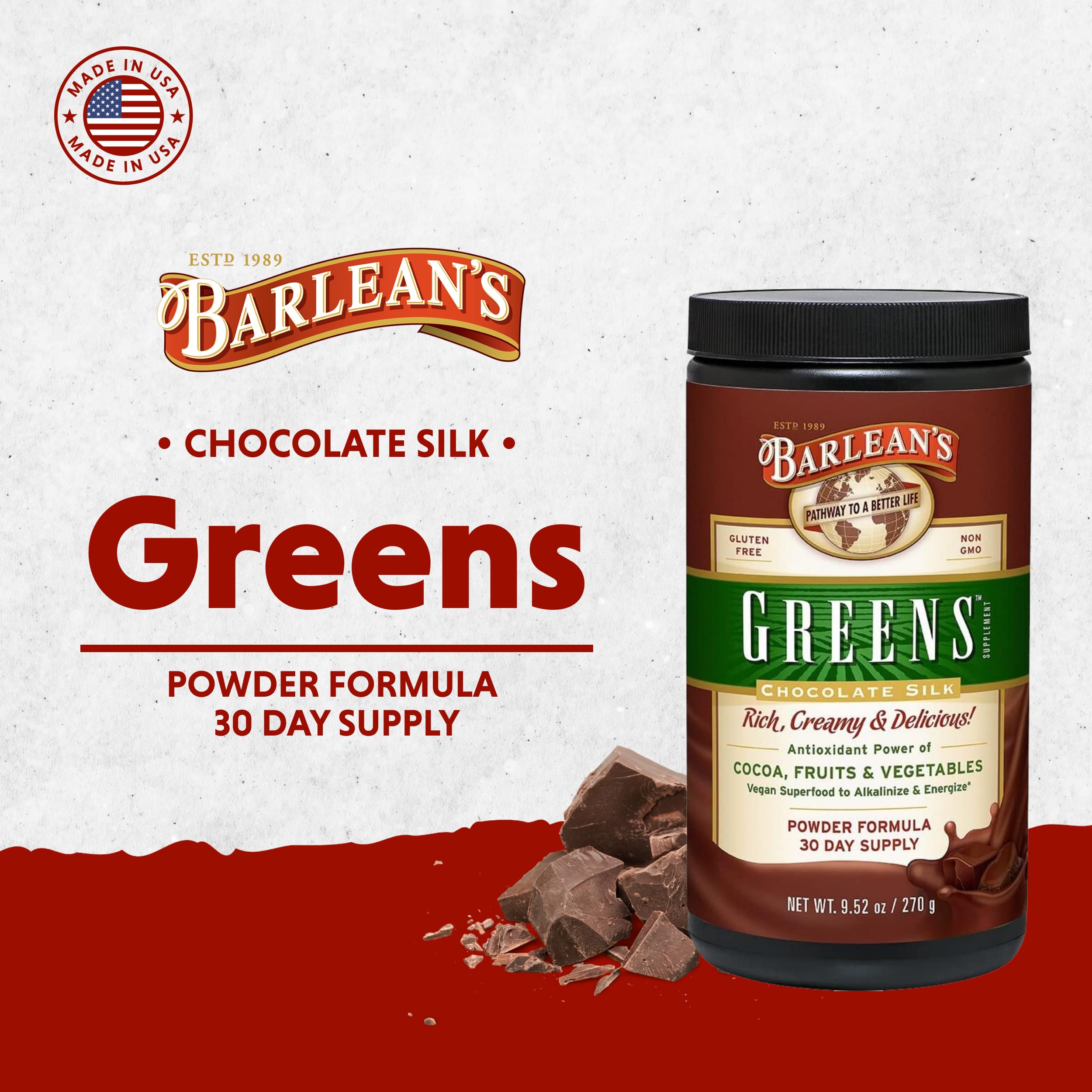 Cucharada dosificadora con polvo Barlean's Chocolate Greens midiendo una porción práctica
