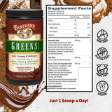 Detalle del polvo Chocolate Greens de Barlean's con textura y cacao visible, sugiere mezcla suave