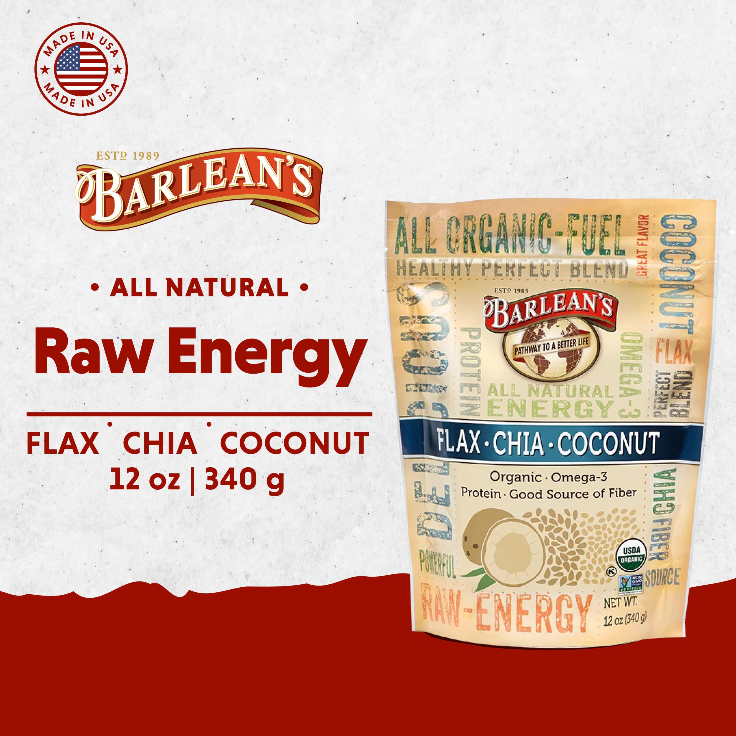 Barlean's primer plano de textura de linaza, chía y coco con detalle nutritivo