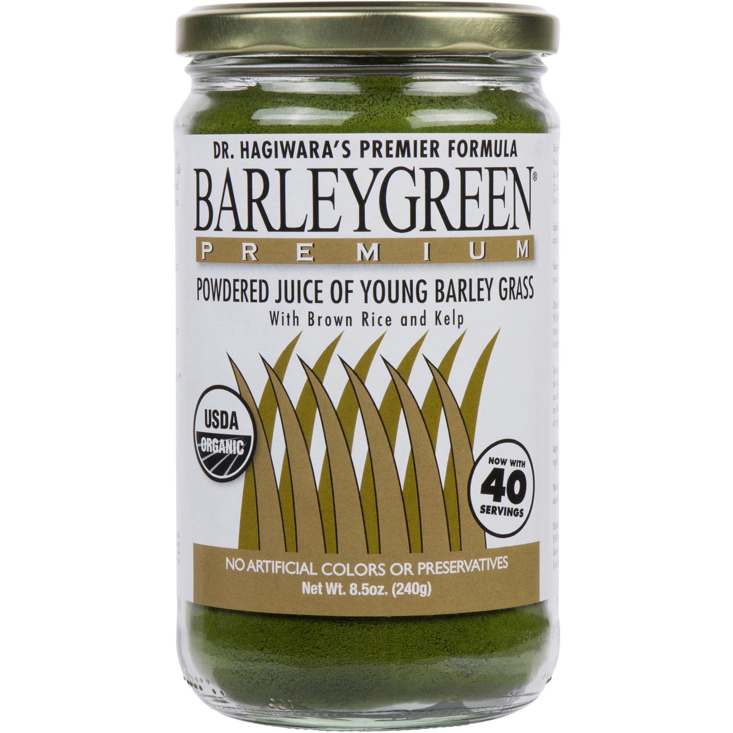 BARLEYGREEN envase frontal mostrando 240 g y 40 porciones, fácil identificación