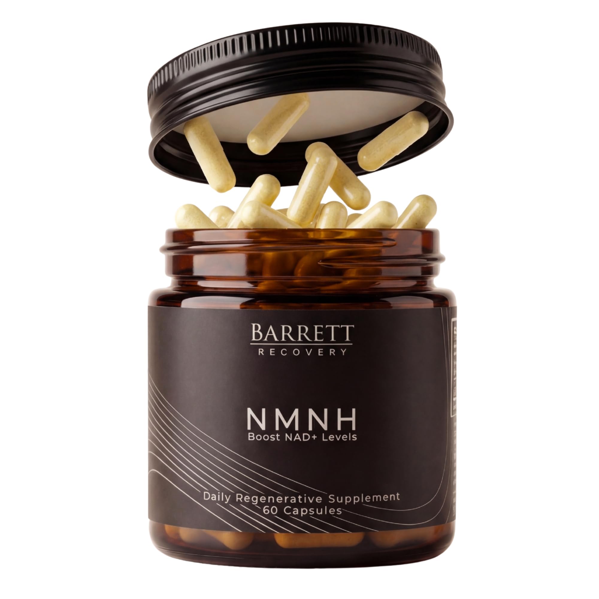 Barrett Recovery envase frontal claro que muestra cápsulas y beneficio de energía