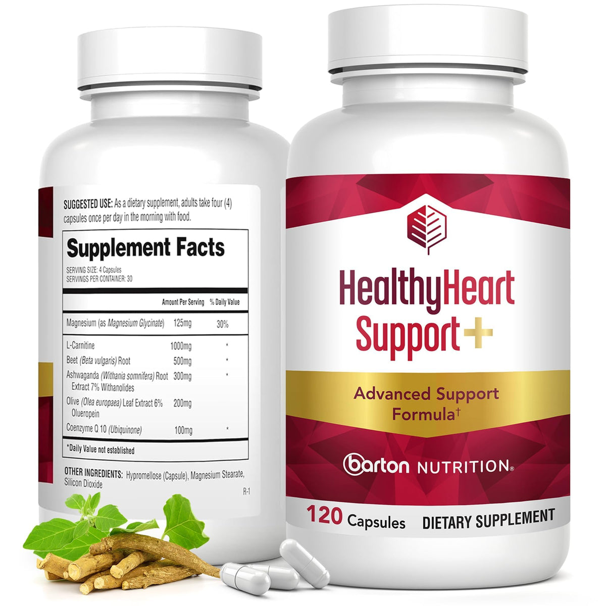 Barton Nutrition envase frontal mostrando fórmula HealthyHeart Support+ y beneficio cardiovascular