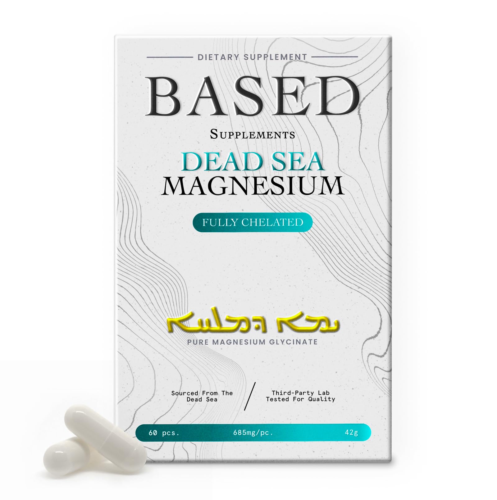 Based Dead Sea Magnesium frasco frontal mostrando presentación y transparencia