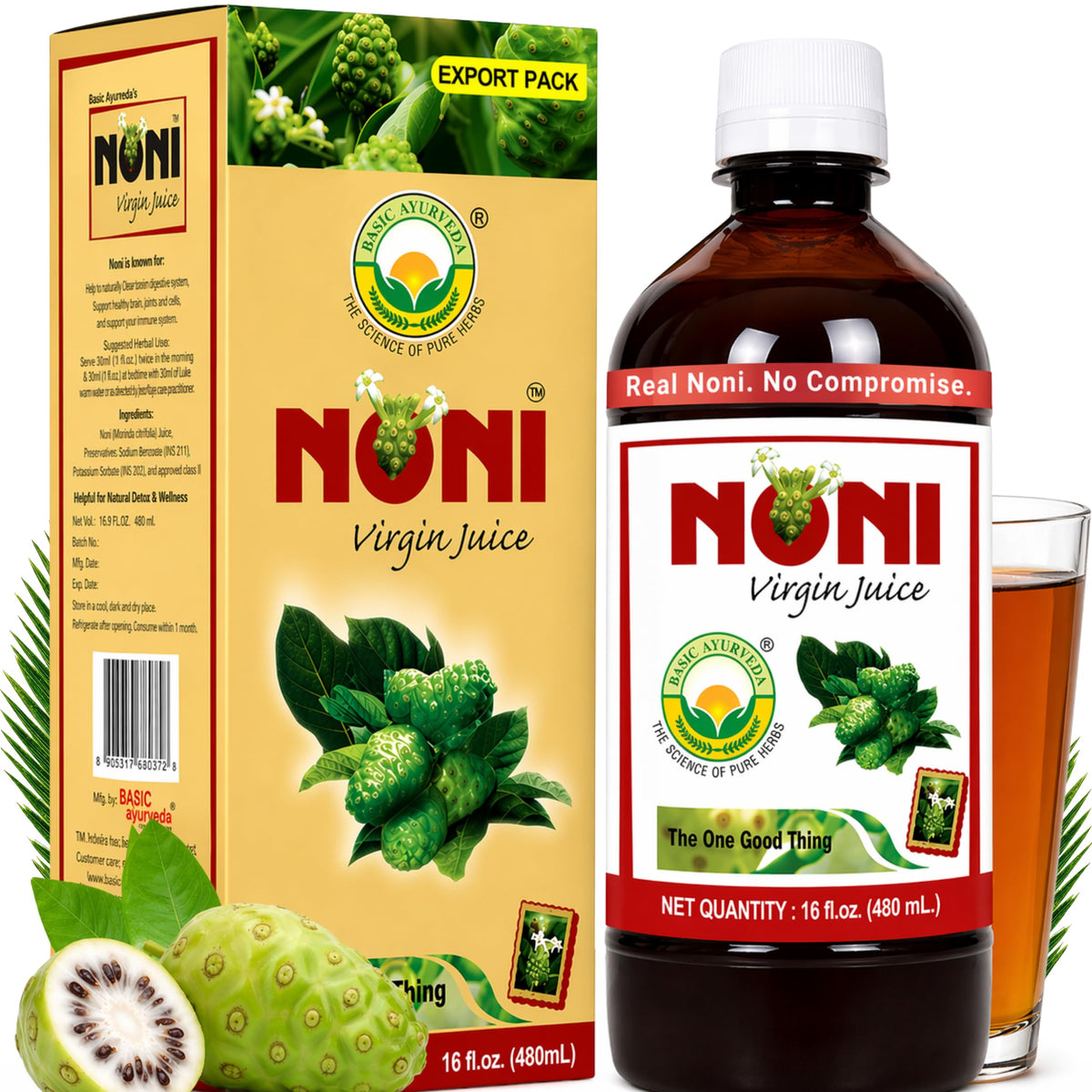 BASIC AYURVEDA etiqueta frontal mostrando jugo virgen y información clara