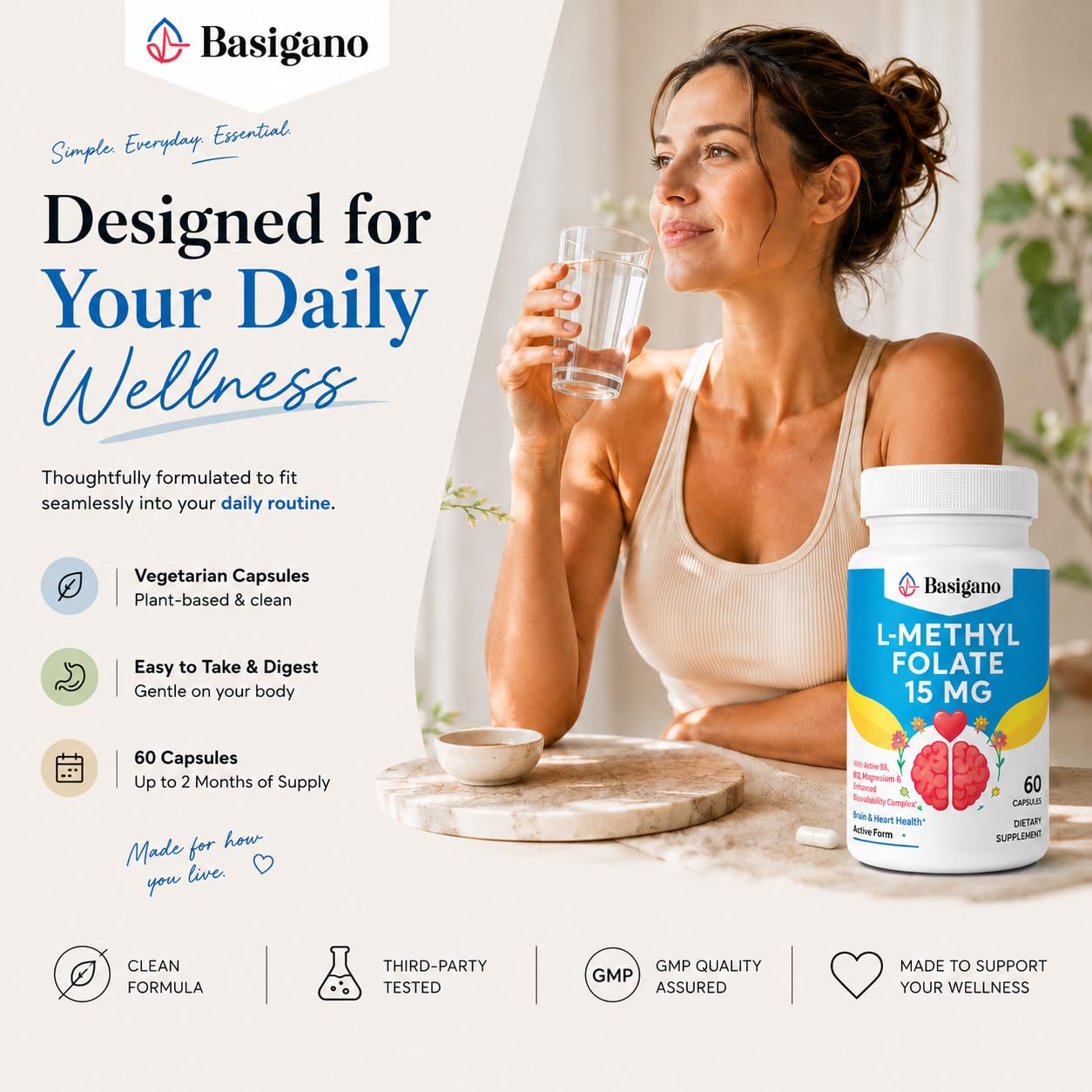 Basigano estilo de vida desayuno suplemento junto a alimentos saludables