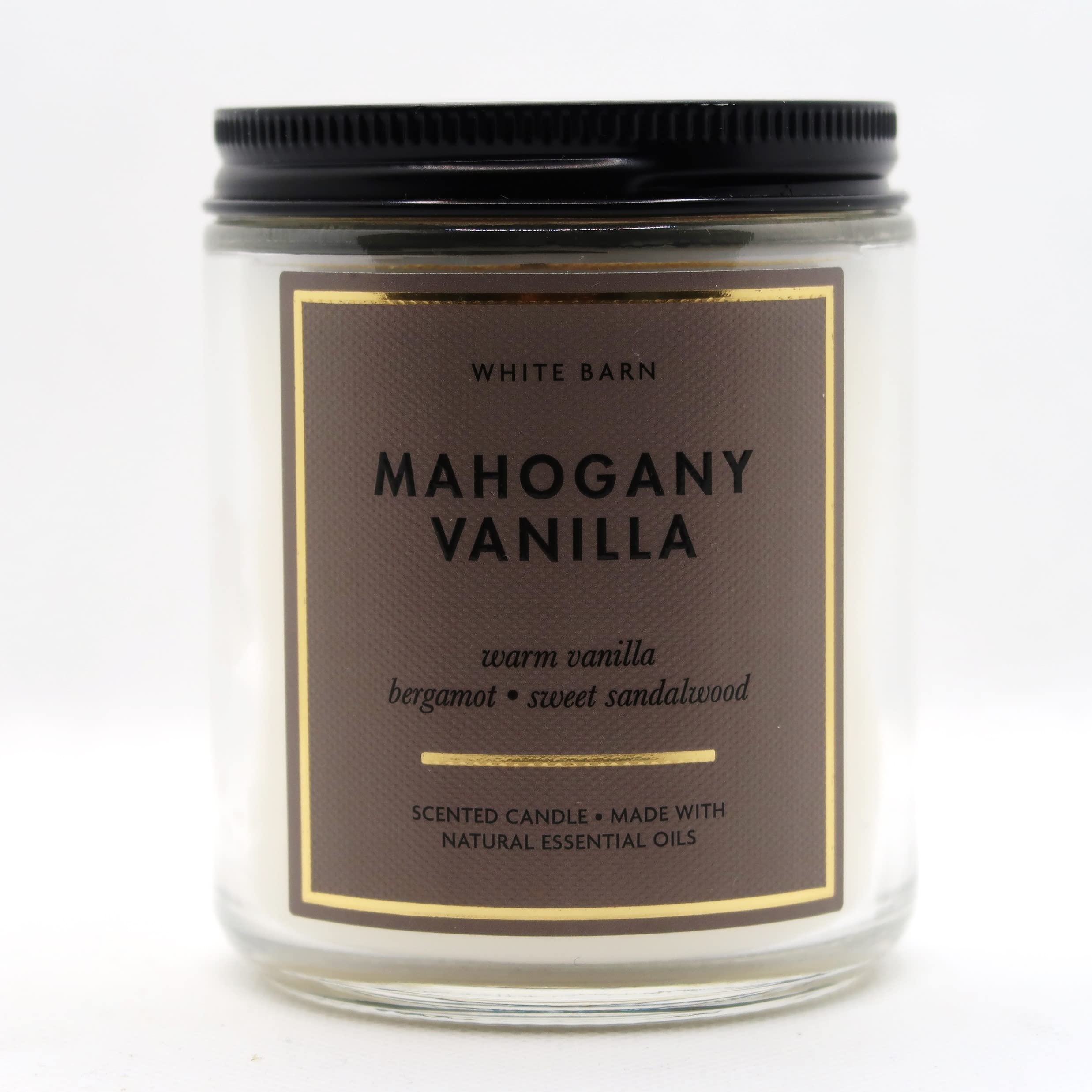 Bath & Body Works vela frontal Mahogany Vanilla con aroma cálido y duración