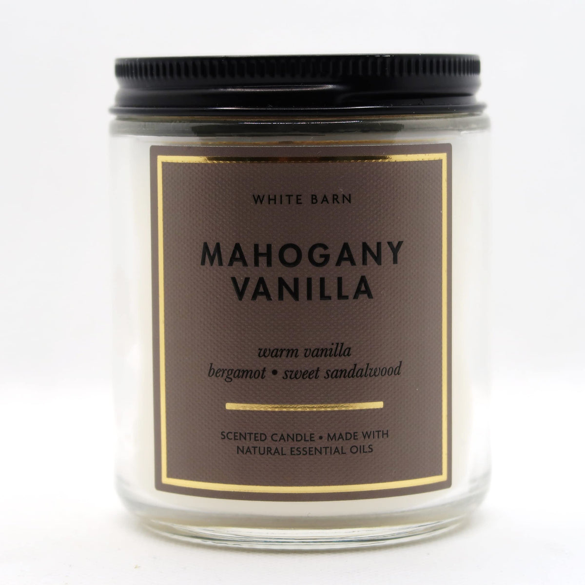 Bath & Body Works vela frontal Mahogany Vanilla con aroma cálido y duración