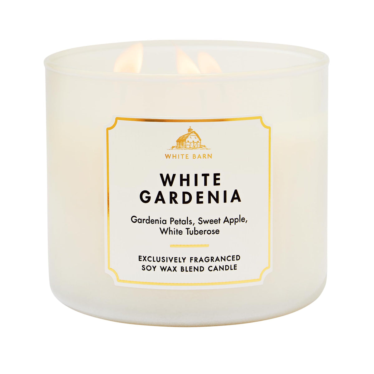 Bath & Body Works vela White Gardenia frente, fragancia floral duradera