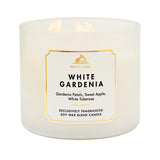 Bath & Body Works vela White Gardenia frente, fragancia floral duradera