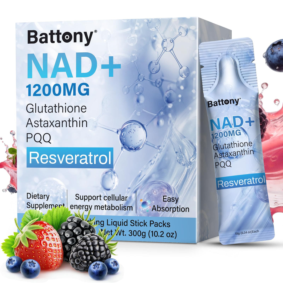 Battony frente del empaque mostrando 30 sobres y claridad del producto